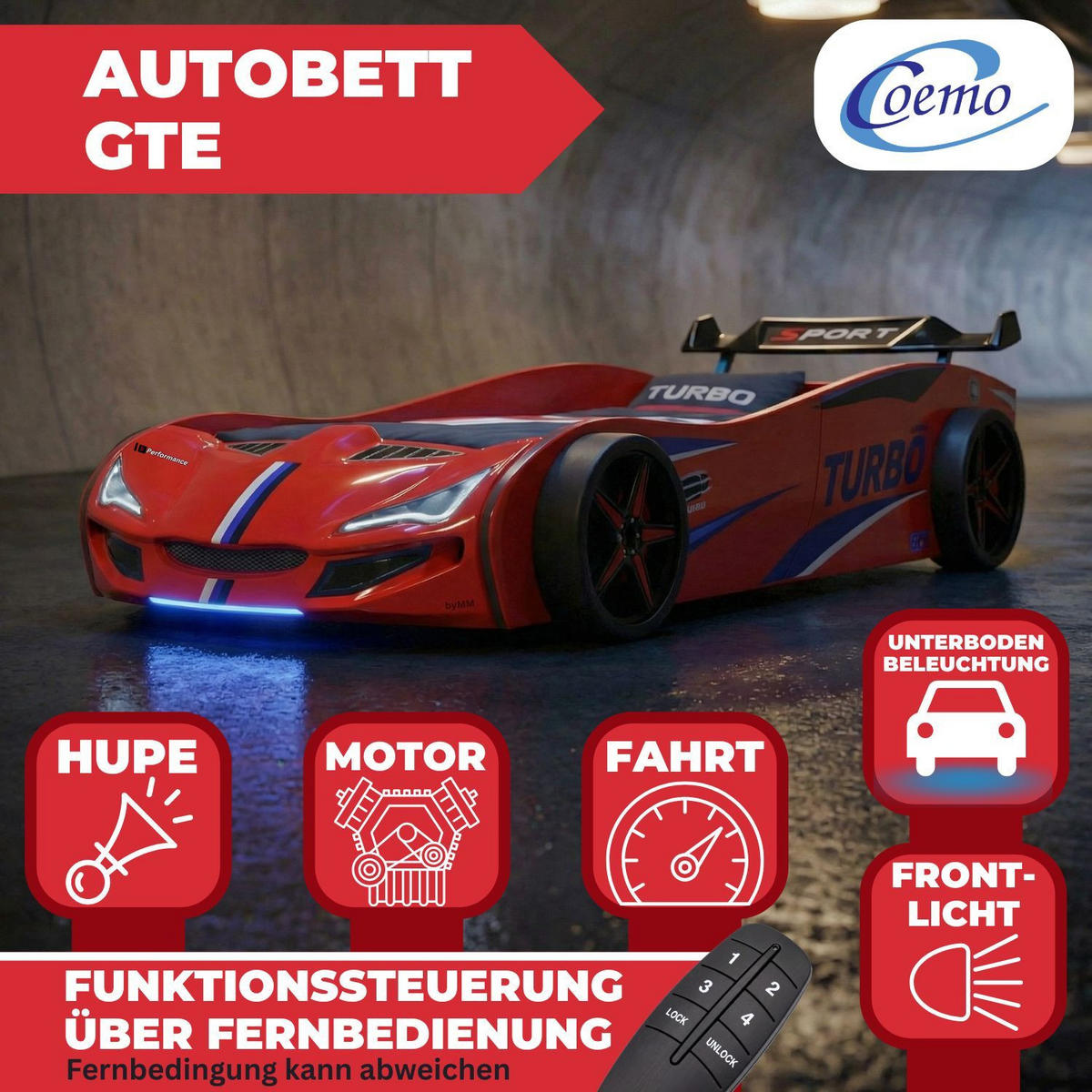 AUTOBETT GTE mit Rollrost, Licht und Sound Farbe Rot - Rot, Holzwerkstoff (90/200cm) - Coemo