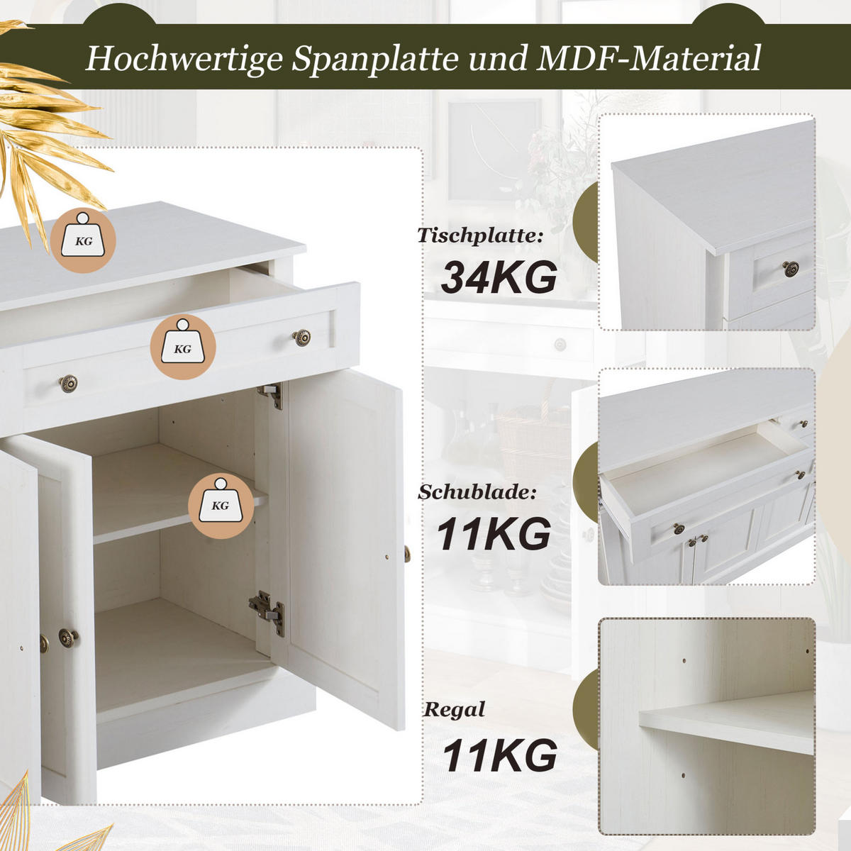 SIDEBOARD 150x40x86 cm Weiß mit 4 Türen & 2 Schubladen - Weiß, Holzwerkstoff (40/86/150cm) - Modfu