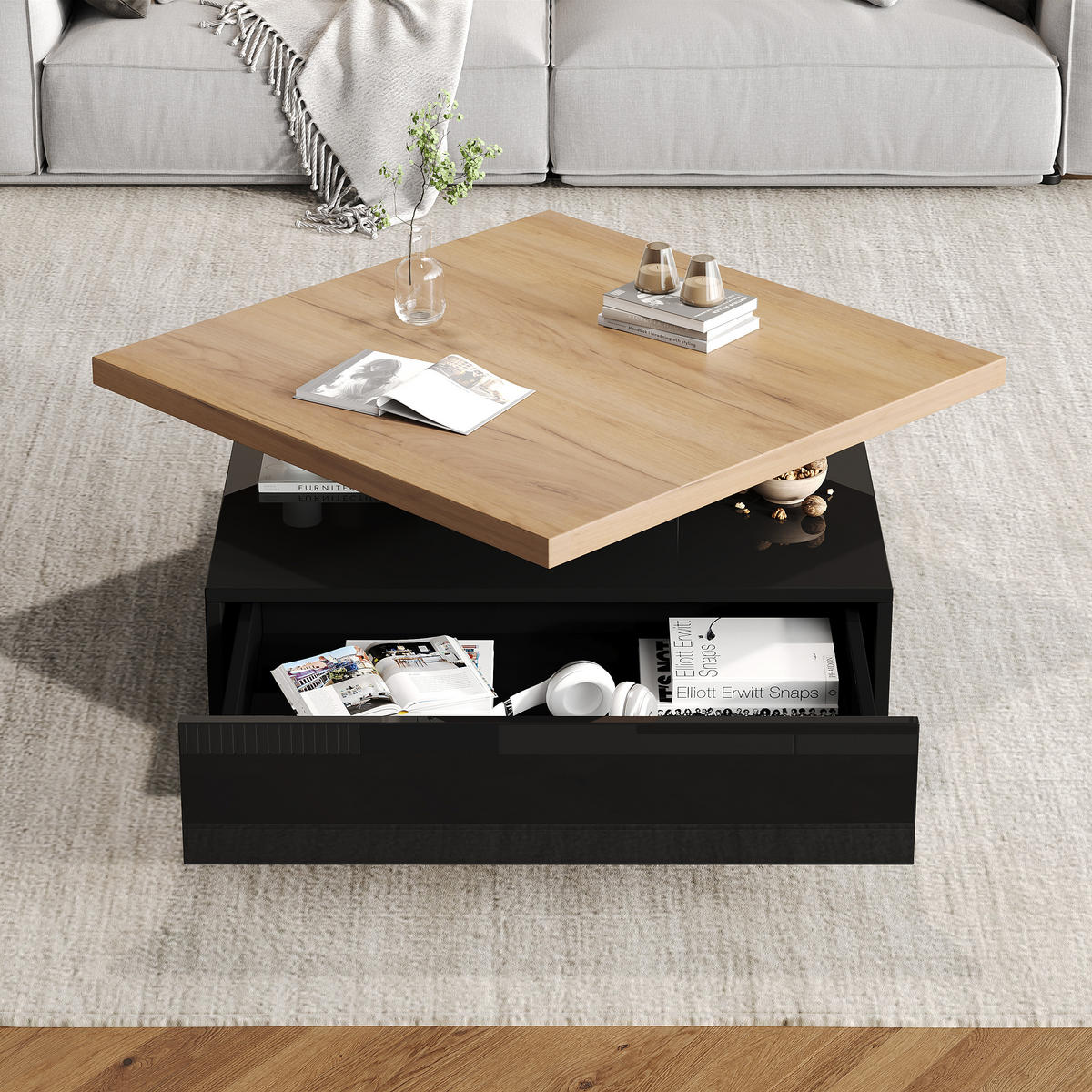 COUCHTISCH 360° schwenkbar 2-stufig Hochglanz Stauraum Naturholz Schwarz - Walnussfarben, Holzwerkstoff (70/70/36cm) - FLIEKS