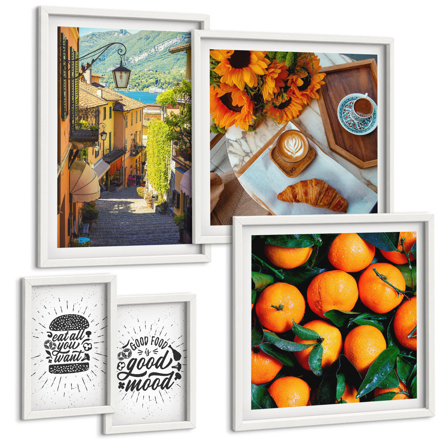 BILDER SET 5er Set - 50x50 cm & 20x30 cm & 40x60 cm Weißer Rahmen - Juicy Oranges Kitchen - Weiß, Kunststoff (40/60cm) - TULUP