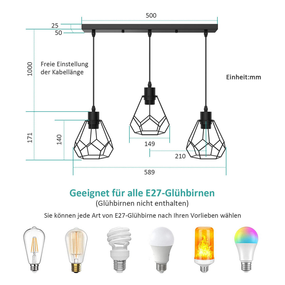 DECKENLAMPE Pendelleuchte Retro Industrial 3-flammig Metall 12/25/100 cm - Schwarz, Metall (25/12/100cm) - EMKE