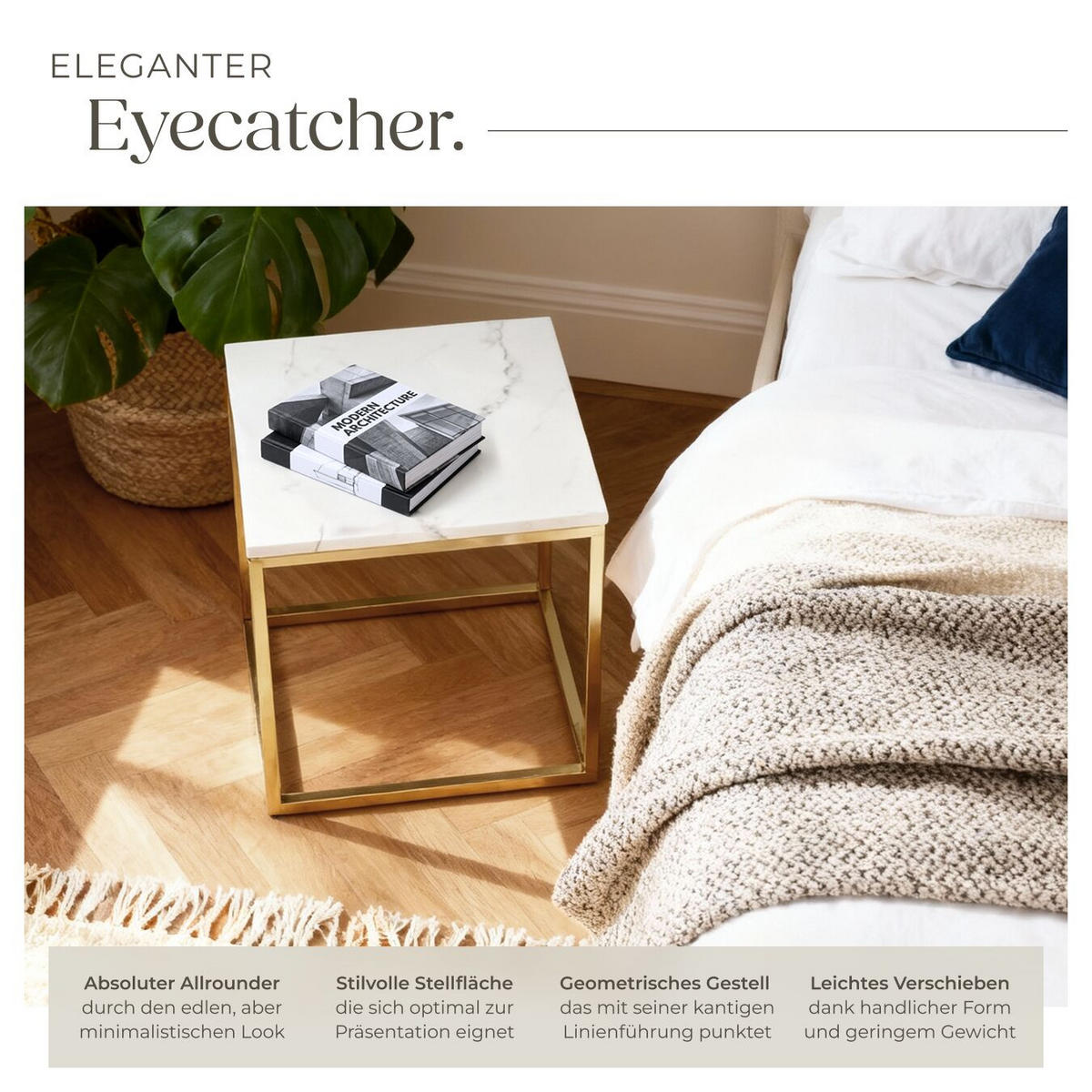 MARMOR-BEISTELLTISCH Alysia,mit höhenverstellbaren Kunststofffüßen,gold/weiß - Goldfarben/Weiß, Stein (45/45/47.5cm) - tectake