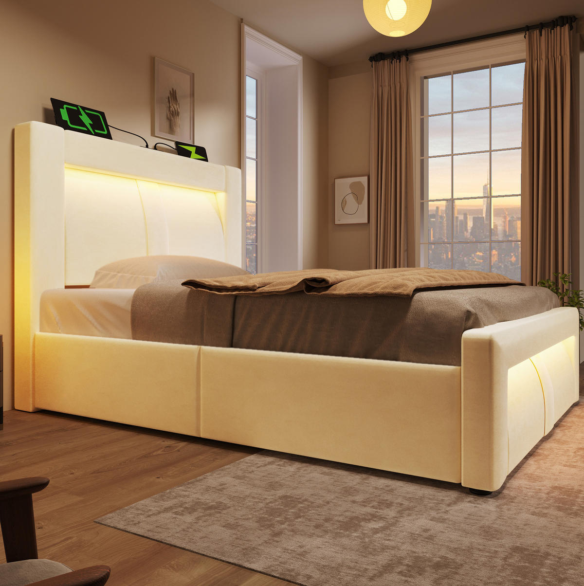 BETT mit Stauraum 90x200 cm Samt Beige mit LED und Ladeanschlüssen - Beige, Metall (90/200cm) - Meubliv