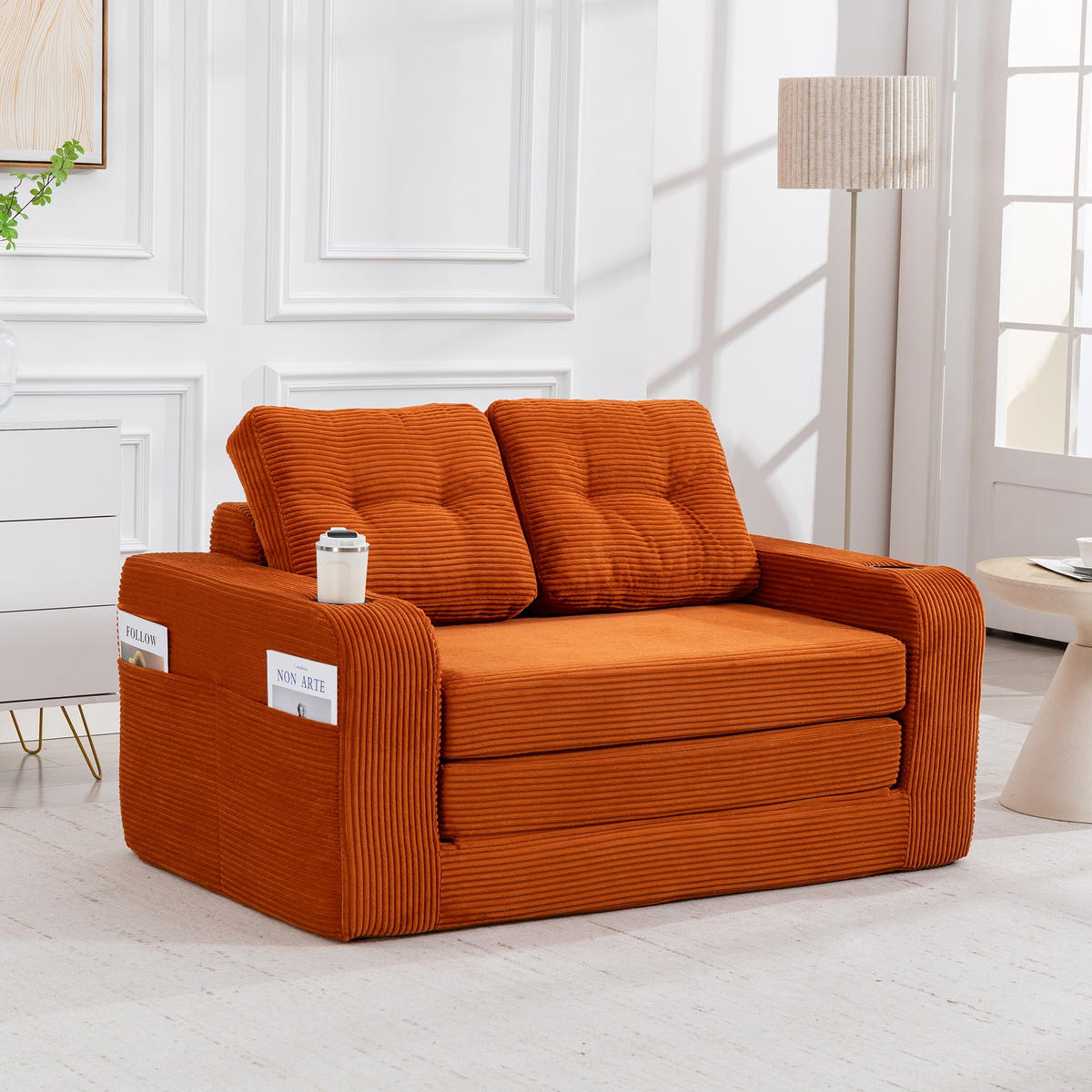 SCHLAFSOFA 2-Sitzer Sofa mit 2 Zierkissen,Lounge Sofa,Polstersofa,Cord,Orange - Orange, Textil (136/82.5/80cm) - LVHOM