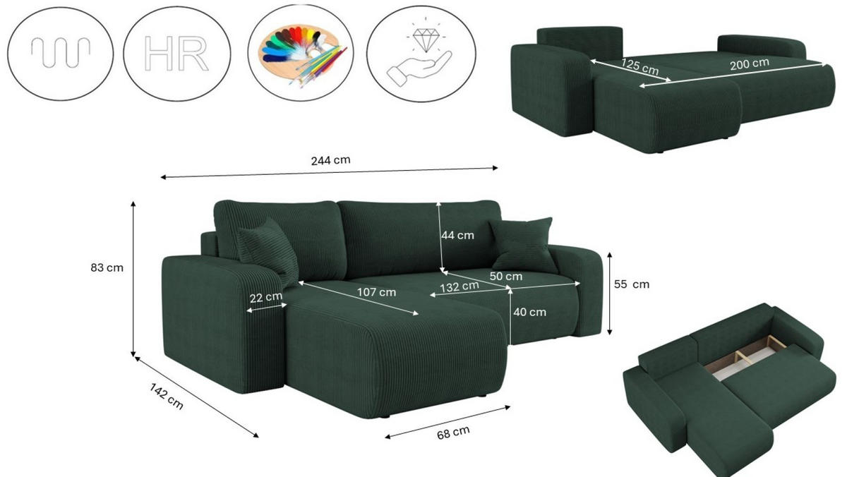 ECKSOFA L-FORM Schlaffunktion Und Bettkasten Eckcouch MILANO L Stoff Dicker Cord Grün Links - Grün, Holz/Textil (142/244cm) - Kaiser Möbel