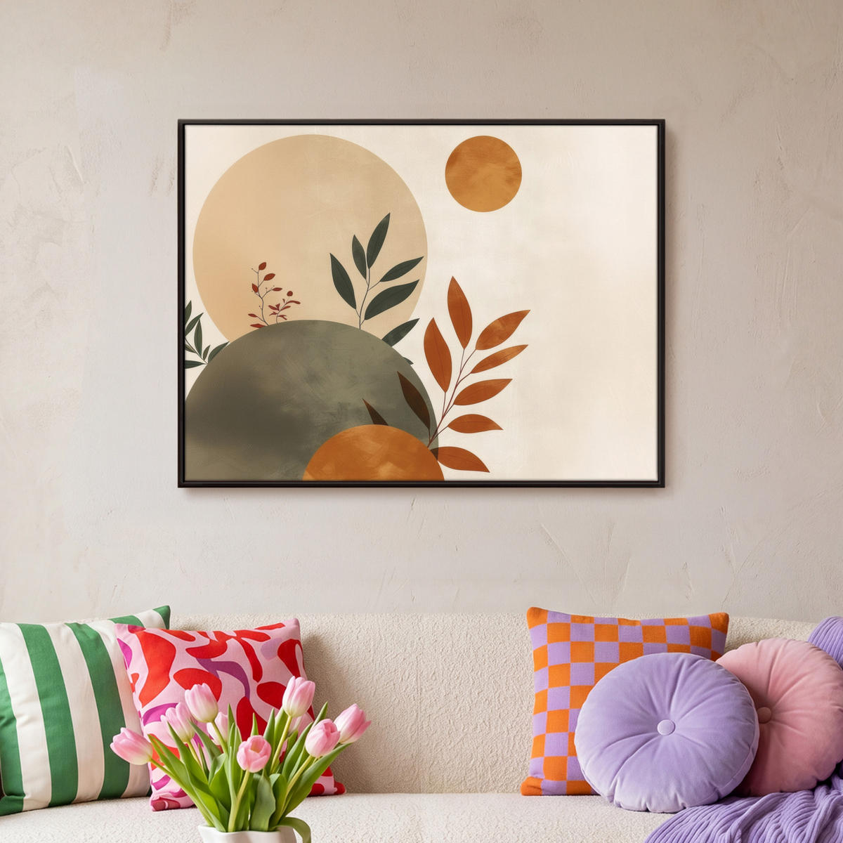 LEINWAND Bilder mit Rahmen - Formen - Rund - Blätter - Beige - 80x60 - Rostfarben, Textil (80/60cm) - MuchoWow