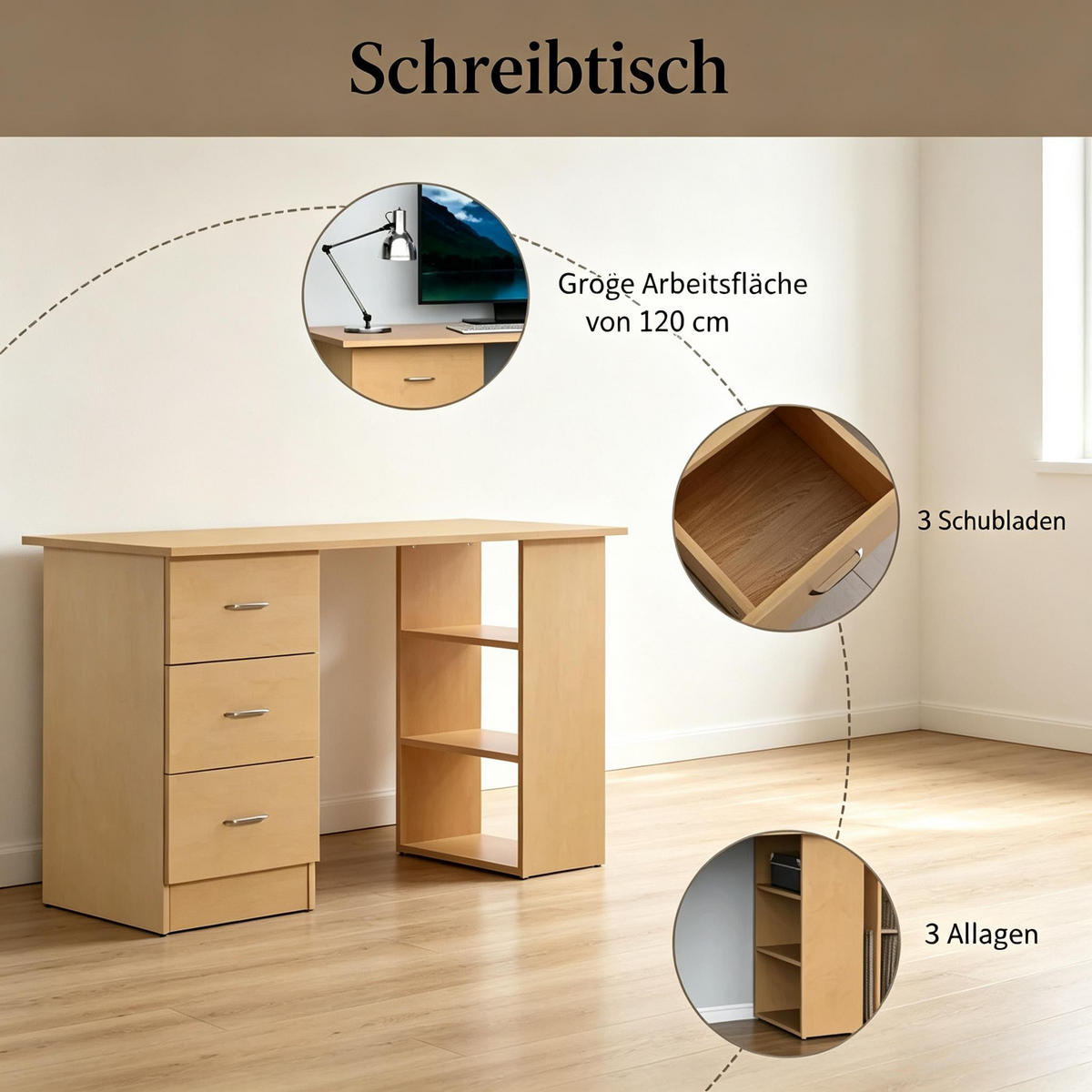 COMPUTERTISCH mit Schubladen und 3 Regalen 120x49cm - Braun, Holzwerkstoff (49/120/72cm) - Gisaae