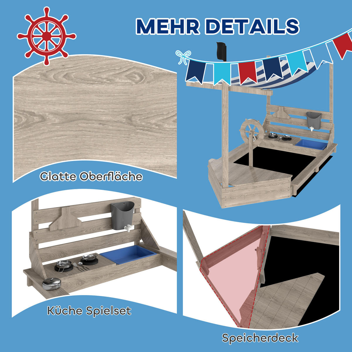 SANDKASTEN Sandkiste groß mit Abdeckung im Schiff Design Matschekiste aus Holz - Grau, Holz (180/103/144.5cm) - Outsunny