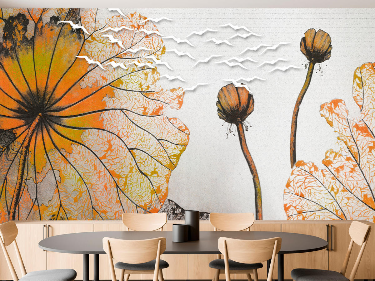 FOTOTAPETE für Esszimmer Große Abstrakte Orange Blumen Blätter 100x70 - Gelb/Orange, Papier (100/70cm) - Muralo