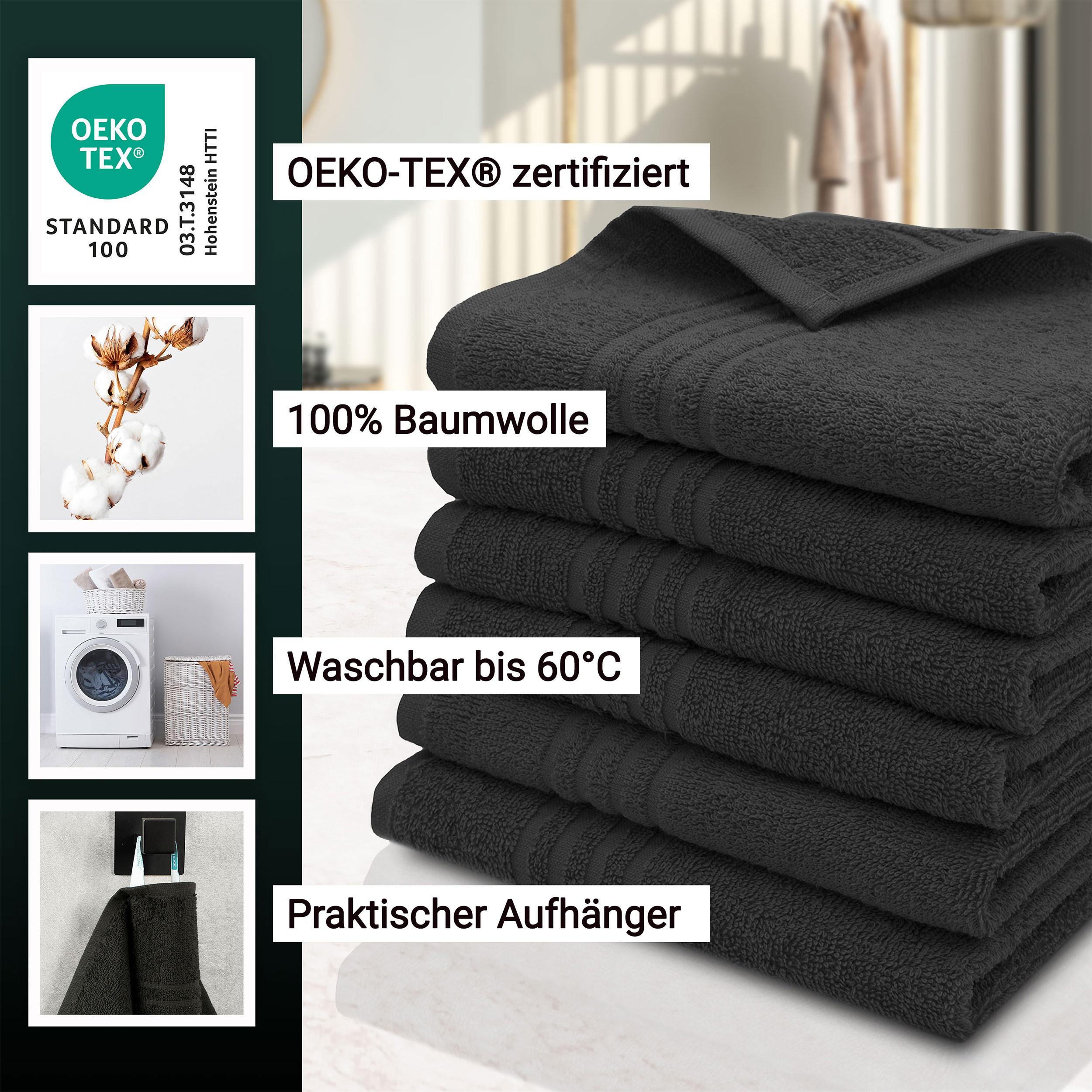 GÄSTETÜCHER, 6er-Set, 40x60 cm, 100% Baumwolle, Schwarz - Schwarz, Textil (40/60cm) - Zollner