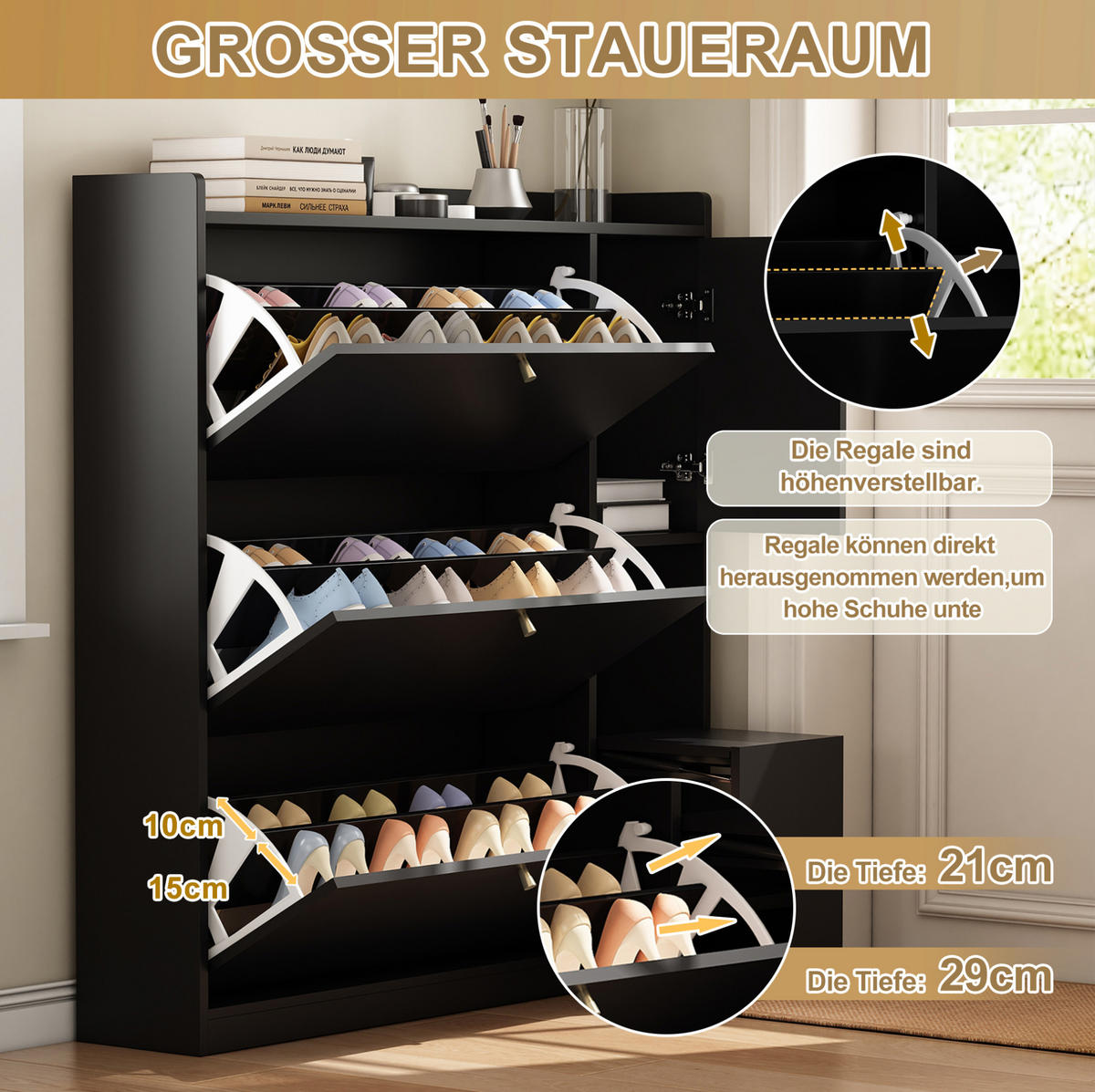SCHUHSCHRANK mit Klappen 119/24/122 cm in Schwarz mit Sitzbank und Schublade - Schwarz, Holzwerkstoff (119/122/24cm) - BEAOK