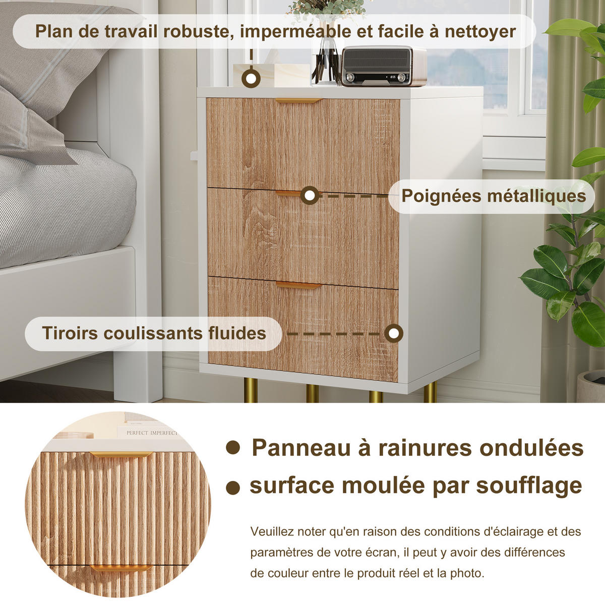 NACHTTISCH 2er-Set, 3 Schubladen, Boho-Stil, Naturholz mit Metallgriffen, 40 x 40 x 65 cm - Weiß, Holz (40/65/40cm)