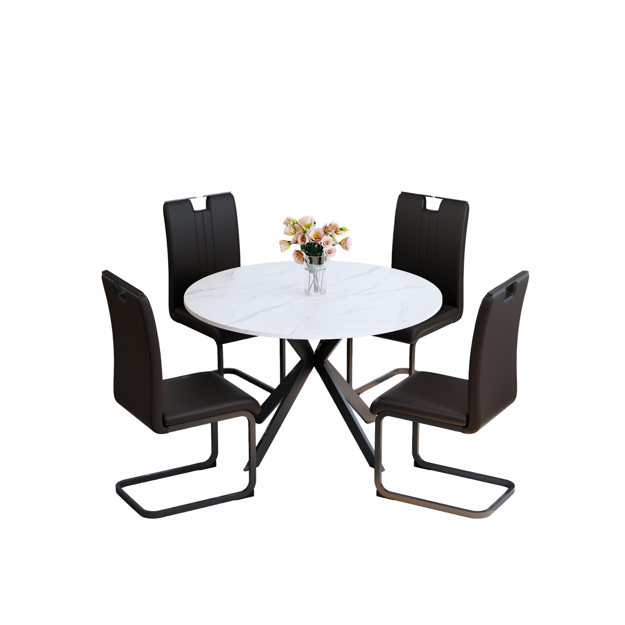 ESSGRUPPE DE-39511 5-teilig, runder Marmortisch Schwarz - Schwarz, Holzwerkstoff (110/75/110cm) - ComfortXL