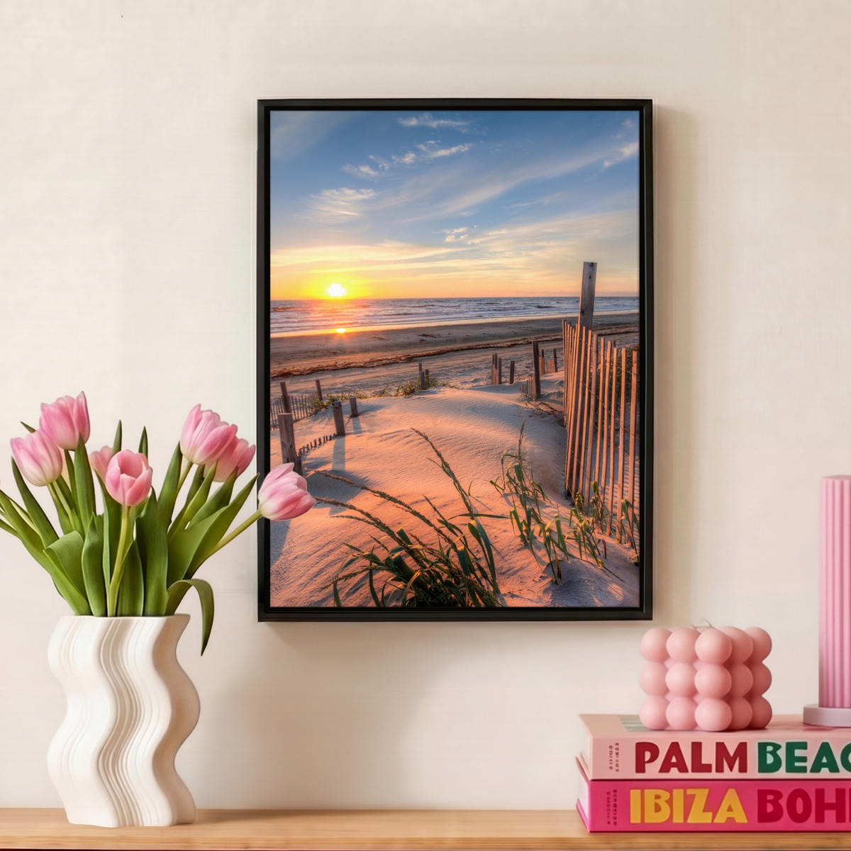 LEINWAND Bilder mit Rahmen - Strand - Meer - Düne - Sonnenuntergang - Landschaft - 30x40 - Beige, Textil (30/40cm) - MuchoWow