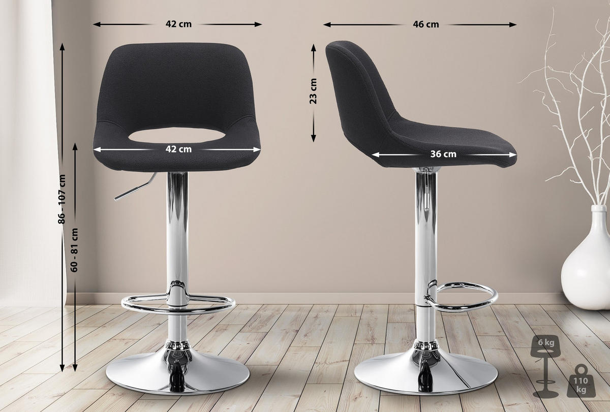 BARHOCKER 2er Set Stoff schwarz - Chromfarben/Schwarz, Textil/Metall (42/86/46cm) - CLP