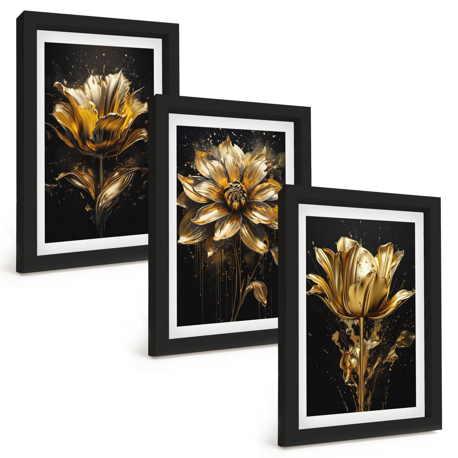 BILDER SET 3er Set - 20x30 cm Schwarzer Rahmen - Gelbe Blüten auf dunklem Hintergrund - Schwarz, Kunststoff (20/30cm) - TULUP