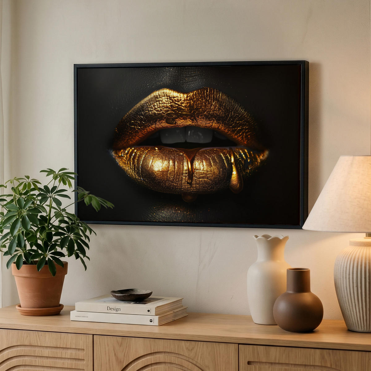 LEINWAND Bilder mit Rahmen - Frau - Porträt - Lippen - Gold - Schwarz - 60x40 - Schwarz, Textil (60/40cm) - MuchoWow