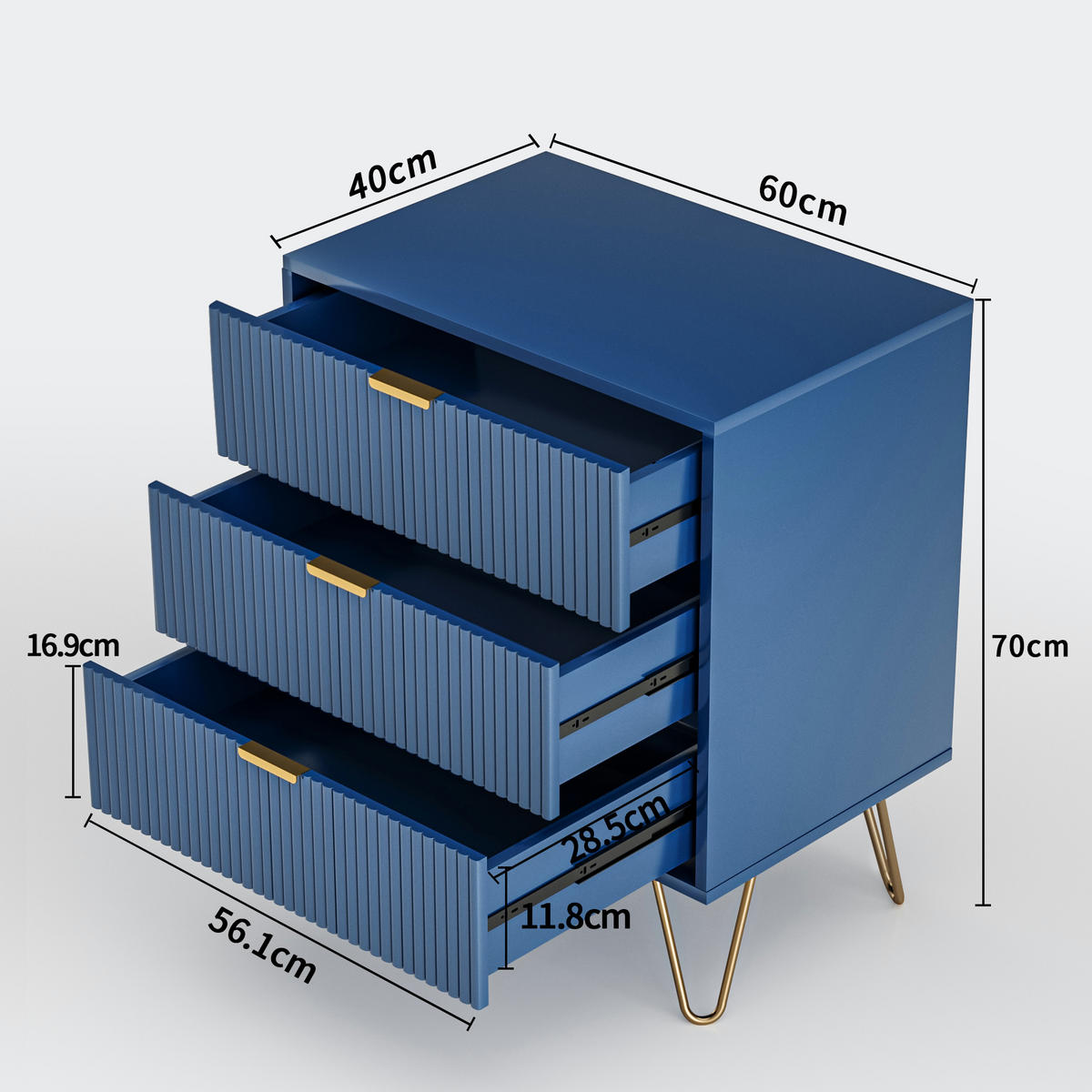 SIDEBOARD KOMMODE mit 3 Schubladen, Marineblau - Blau, Holz (40/70/60cm)