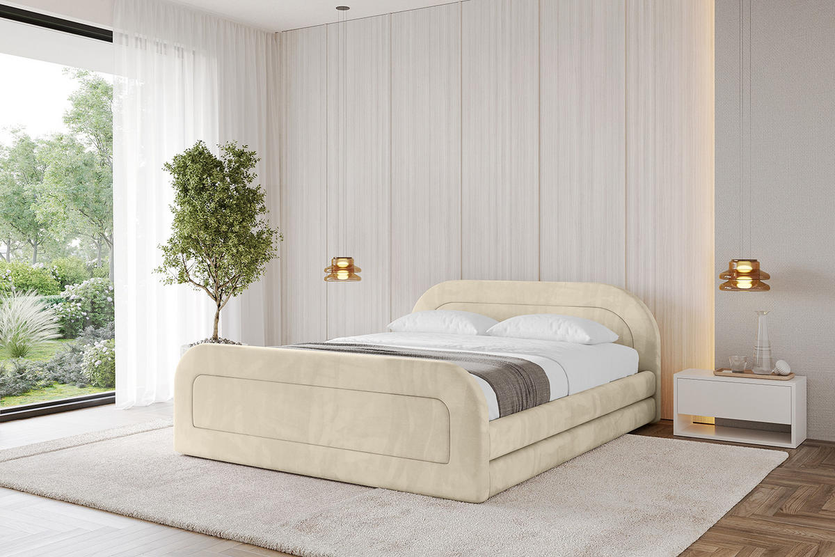 POLSTERBETT mit Bettkasten, Fußteil und Lattenrost, Boxbett mit Matratze H3/H4 - LERIS-v1-Z 160x200 Beige - Ecru, Holzwerkstoff/Textil (160/200cm) - ALTDECOR