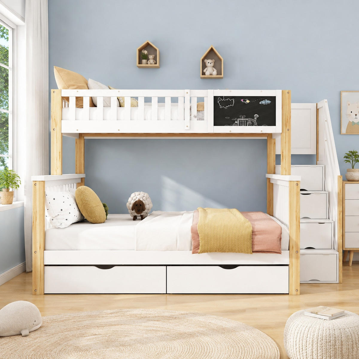 ETAGENBETT 90/200+140/200 mit Tafel, Stauraumtreppe und 2 Schubladen in Weiß und Helleiche - Weiß, Holz (90/200cm) - EVRYAE