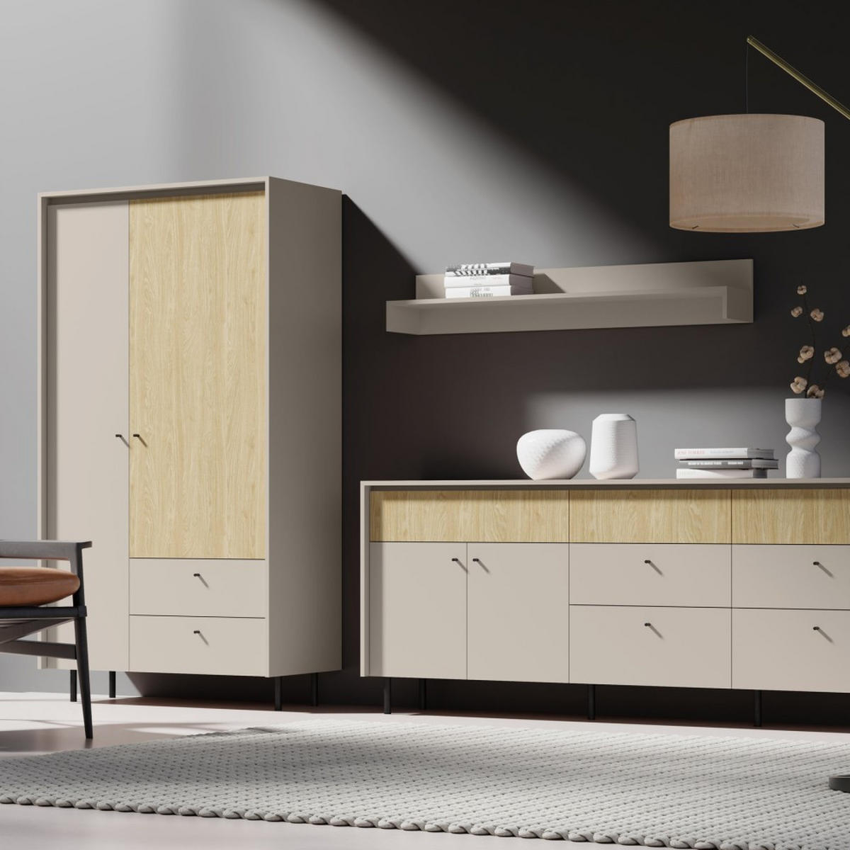 VITRINE Monako mit 2 Schubalden und 3 Türen, Beige Sand - Eichefarben/Beige, Holzwerkstoff/Metall (103/125/42cm) - Beautysofa
