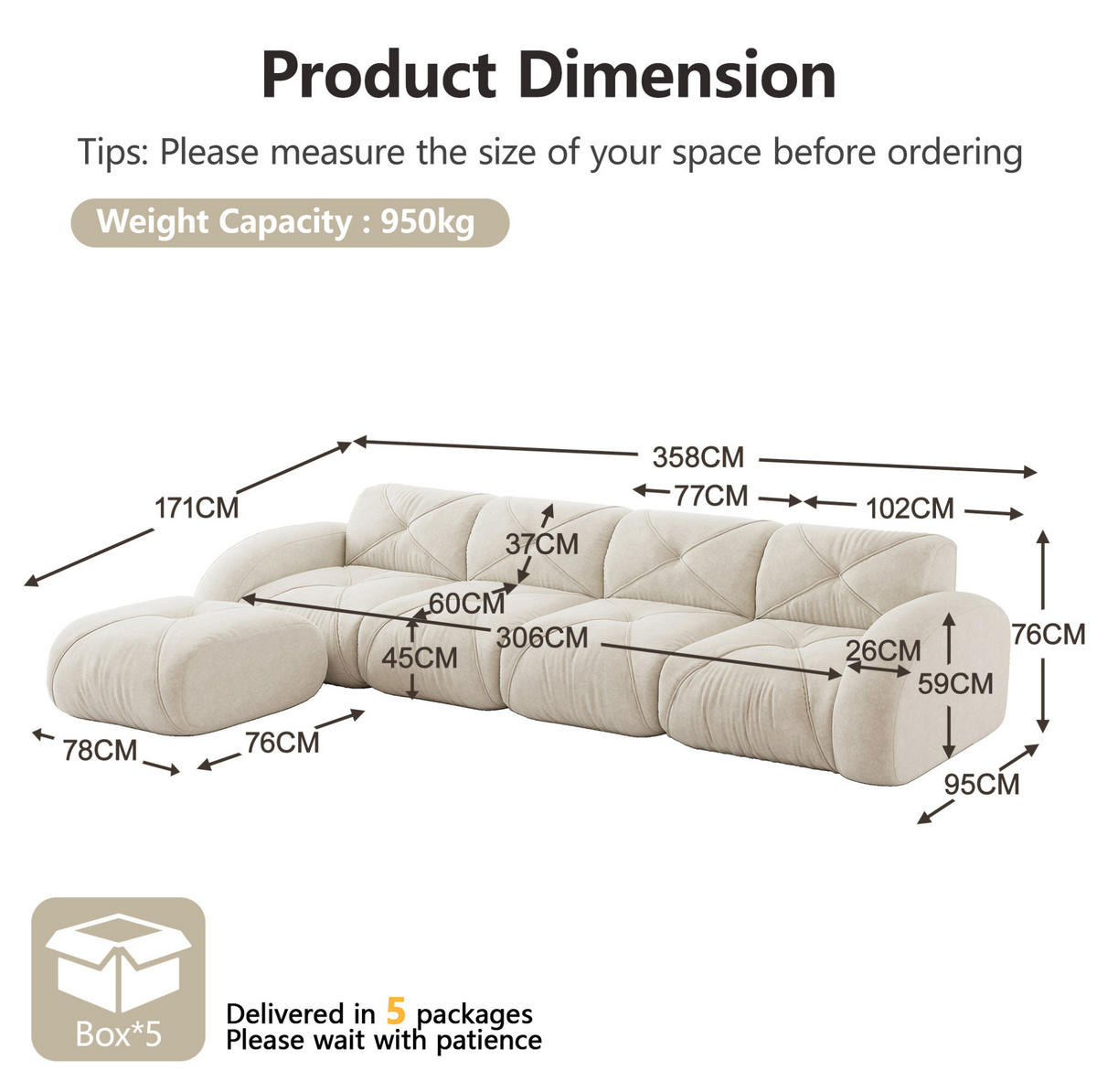 ECKSOFA 358/171/76 cm hellbeige aus Chenille mit modularem Aufbau und Hocker - Beige, Textil (171/358cm) - OKWISH