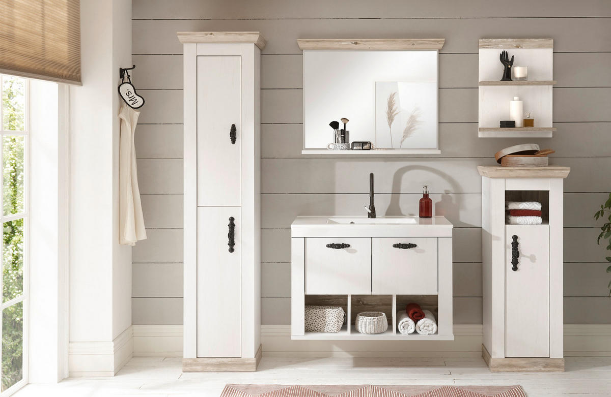 BAD-HOCHSCHRANK Pinie weiß, Oslo Pinie Landhaus, Badschrank, 65 x 200 cm - Dunkelgrau/Weiß, Holzwerkstoff/Metall (65/200/35cm) - Furn.Design