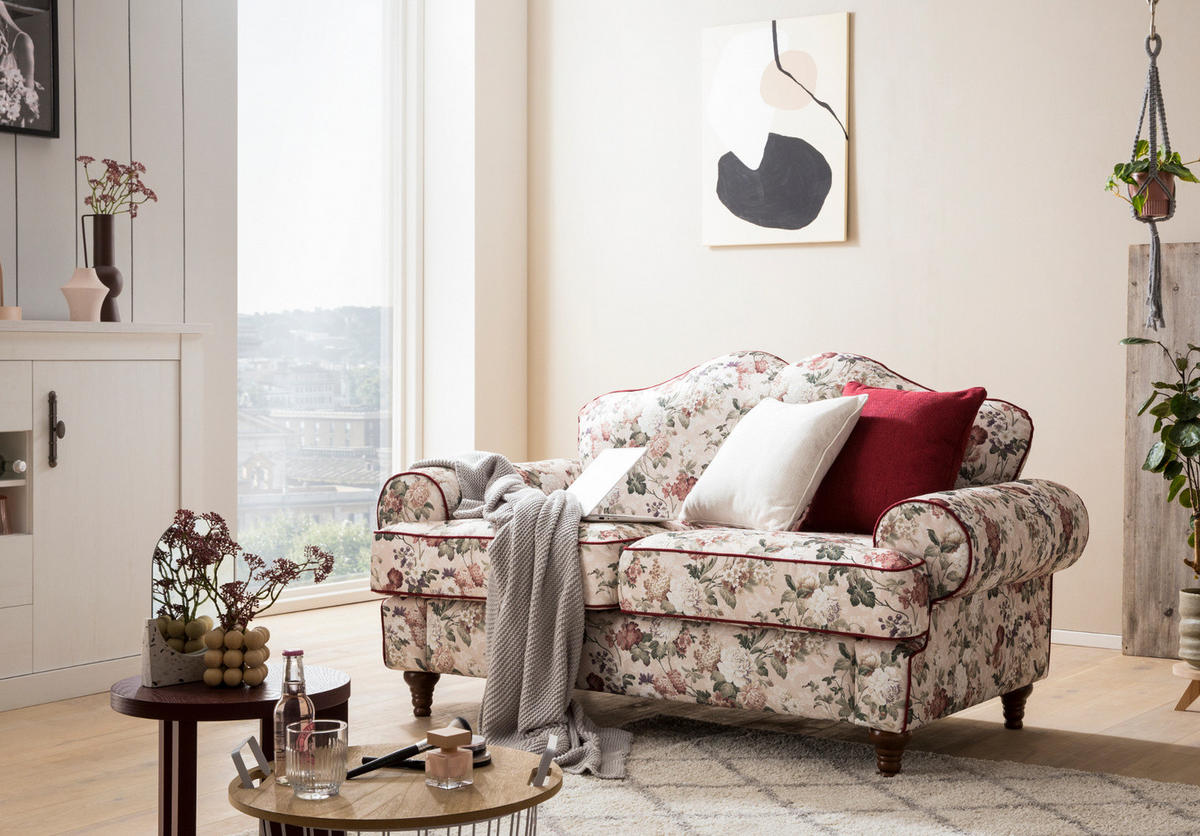 SOFA 2-SITZER creme Landhaus, Blumen Design, Couch 170 cm - Rot/Multicolor, Holz/Textil (110/96/90cm) - Furn.Design