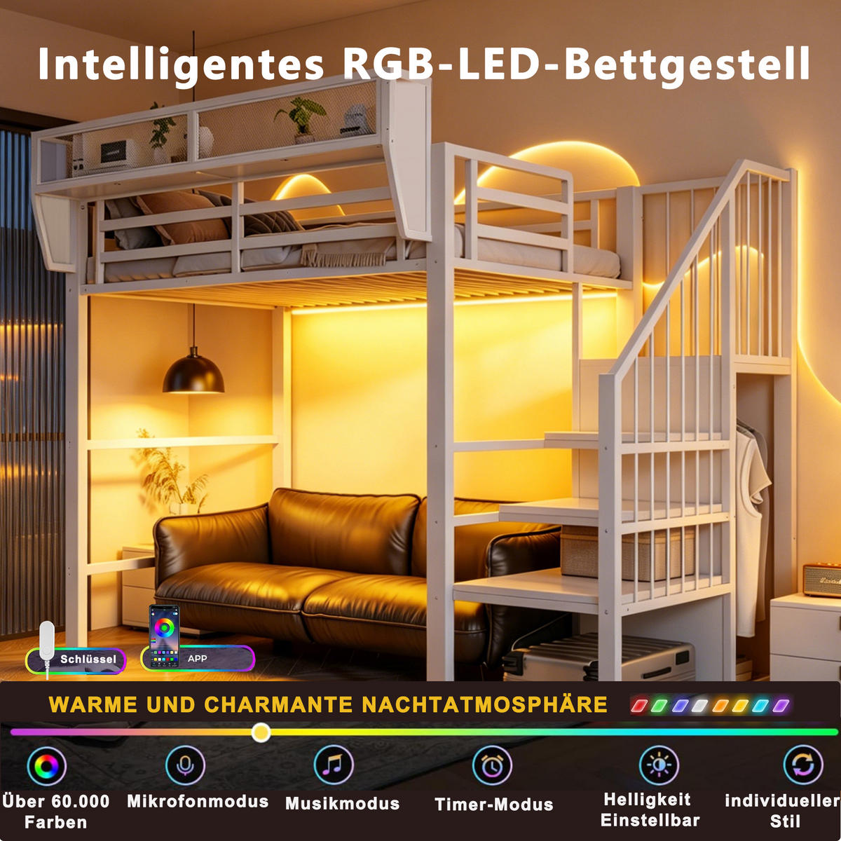 HOCHBETT 90/200 cm in Weiß aus Metall mit LED und Sicherheitsleiter - Weiß, Holzwerkstoff/Metall (90/200cm) - WISHDOR