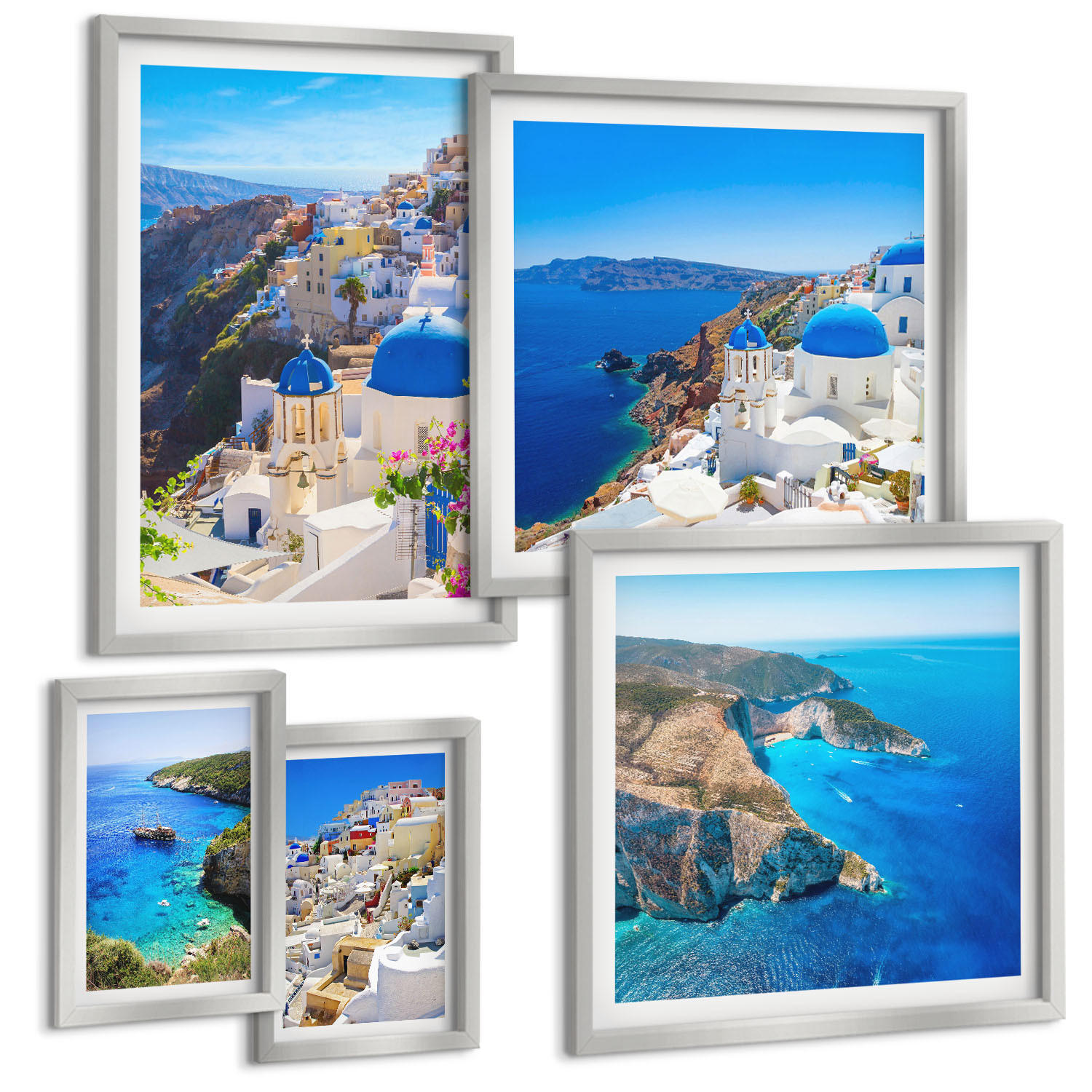 BILDER SET 5er Set - 50x50 cm & 20x30 cm & 40x60 cm Silberner Rahmen - Architekturlandschaft Oia Santorin Griechenland - Silberfarben, Kunststoff (40/60cm) - TULUP