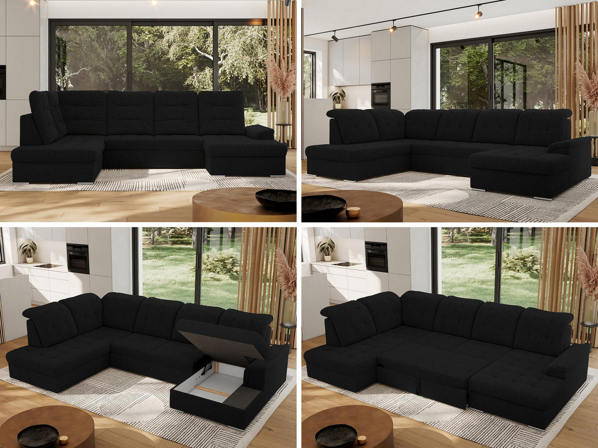 WOHNLANDSCHAFT MADRITO U - Schwarz Boucle - Links - Silberfarben/Schwarz, Textil/Metall (204/89/323cm) - MKS