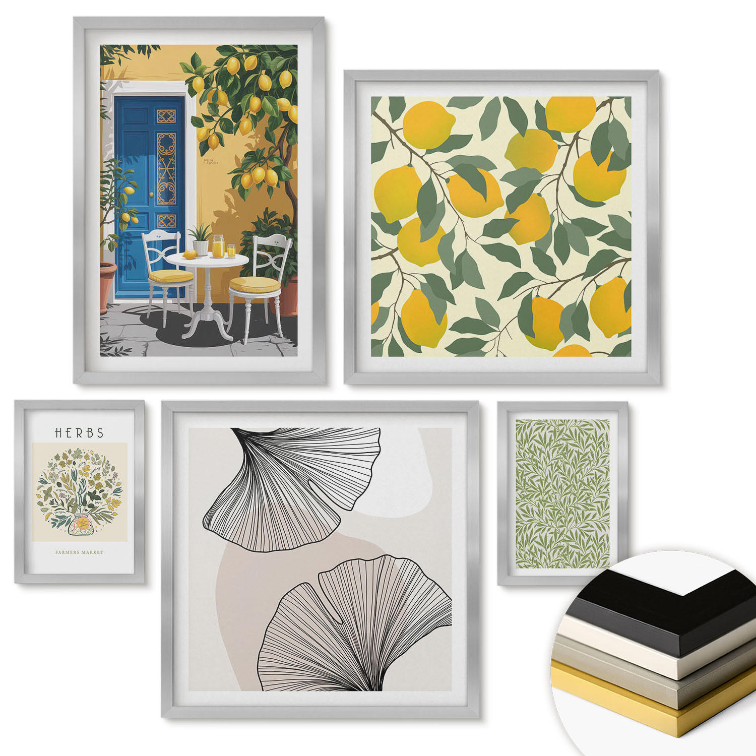 WANDBILDER 5er Set - 50x50 cm & 20x30 cm & 40x60 cm Silberner Rahmen - Zitronenkräuter und -blätter - Silberfarben, Kunststoff (40/60cm) - ArtPrintCave