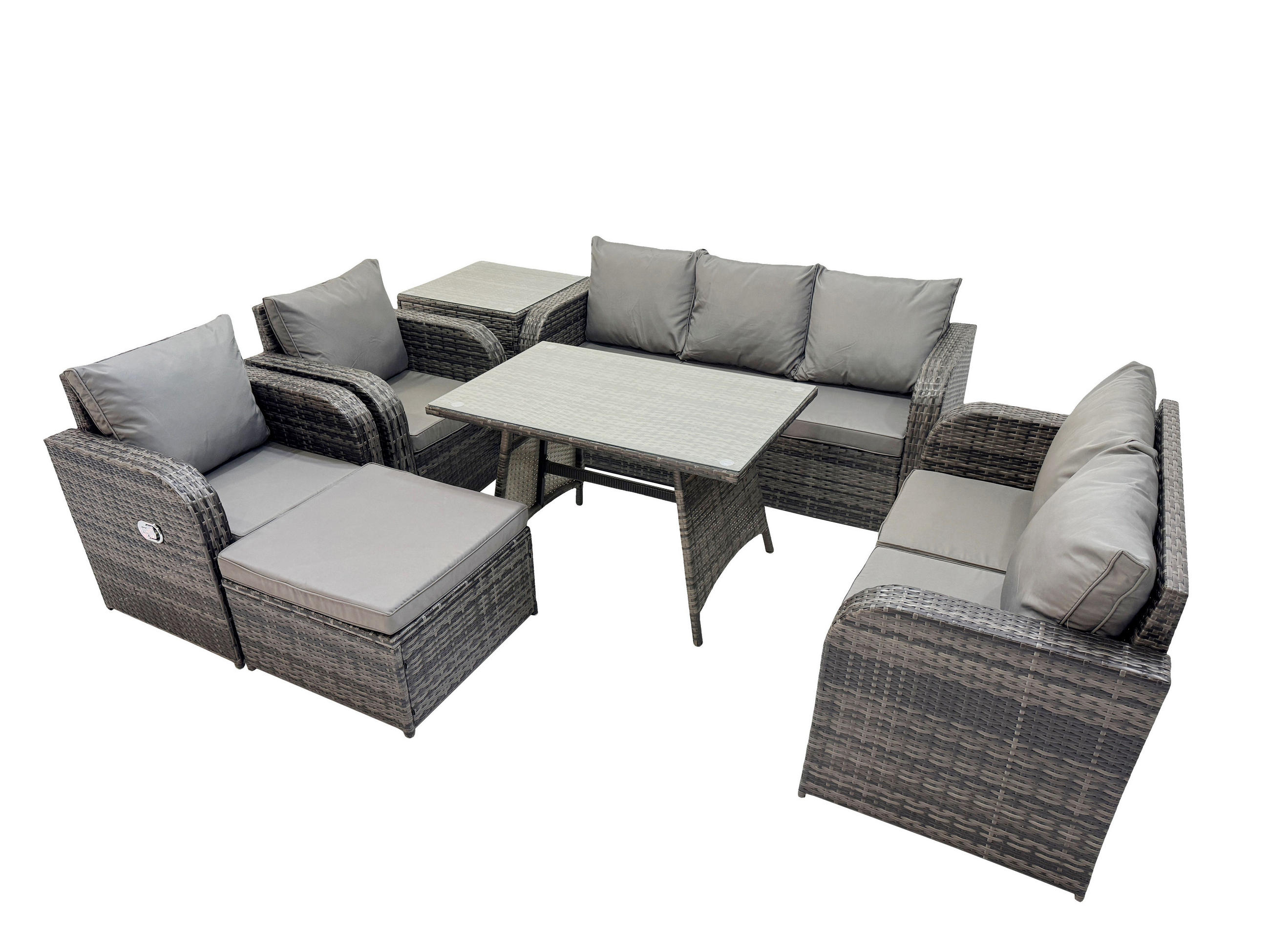 GARTENMÖBEL SET Polyrattan Dunkelgrau 8-Sitzer - Dunkelgrau/Grau, Glas/Kunststoff - Fimous