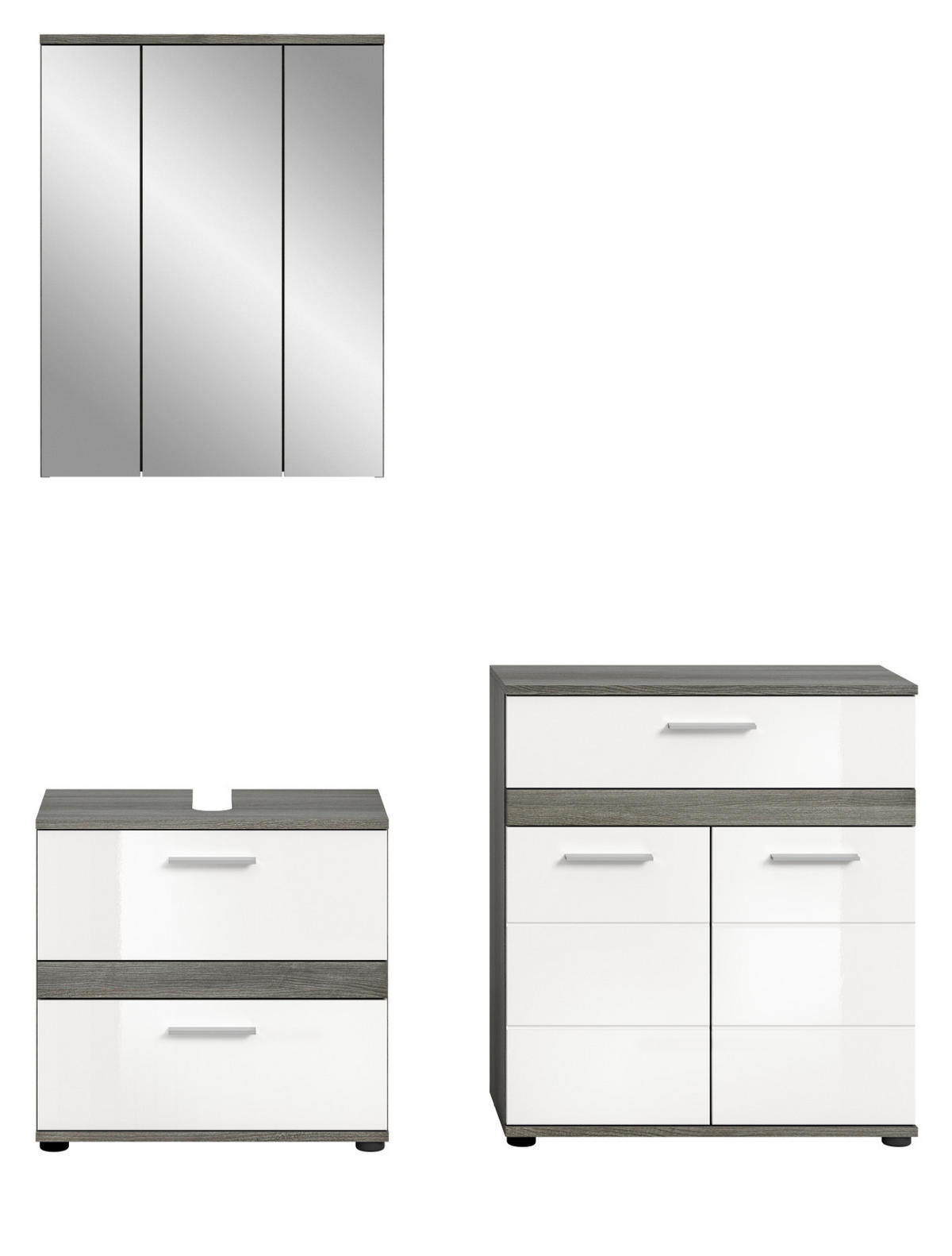 BADMÖBEL-SET 3-teilig weiß Hochglanz, grau 146 cm, Kombination mit viel Stauraum - Weiß Hochglanz/Grau, Holzwerkstoff (146/191/34cm) - Inn.Furn