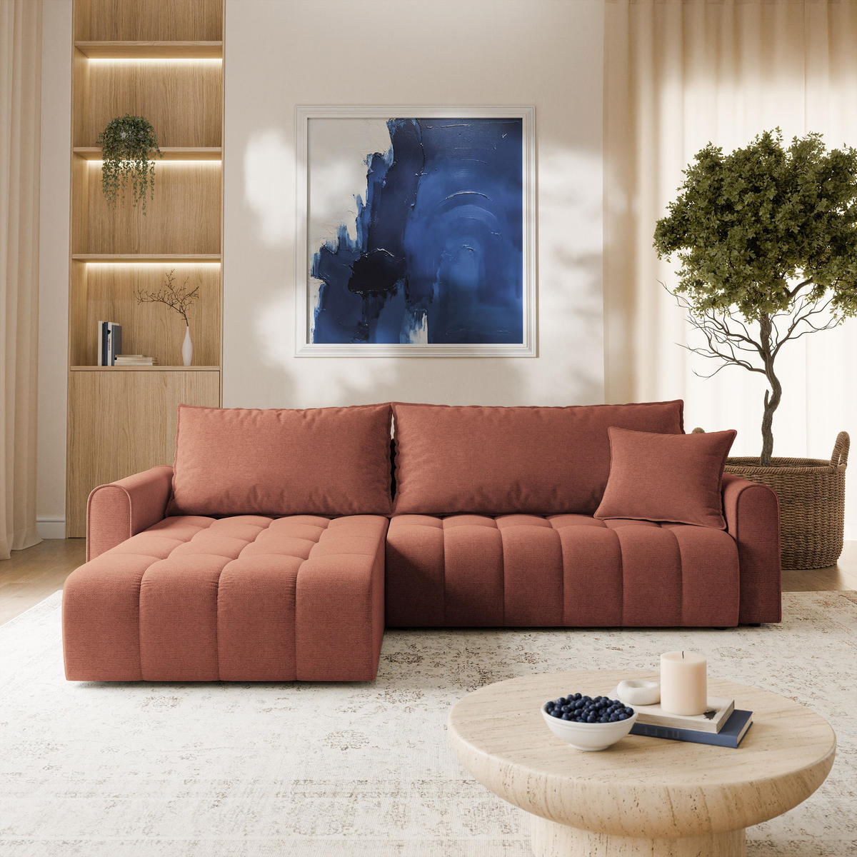 ECKSOFA FRIGA Orange Strukturstoff mit Schlaffunktion - Terracotta, Holz (283/185cm) - MASSENO
