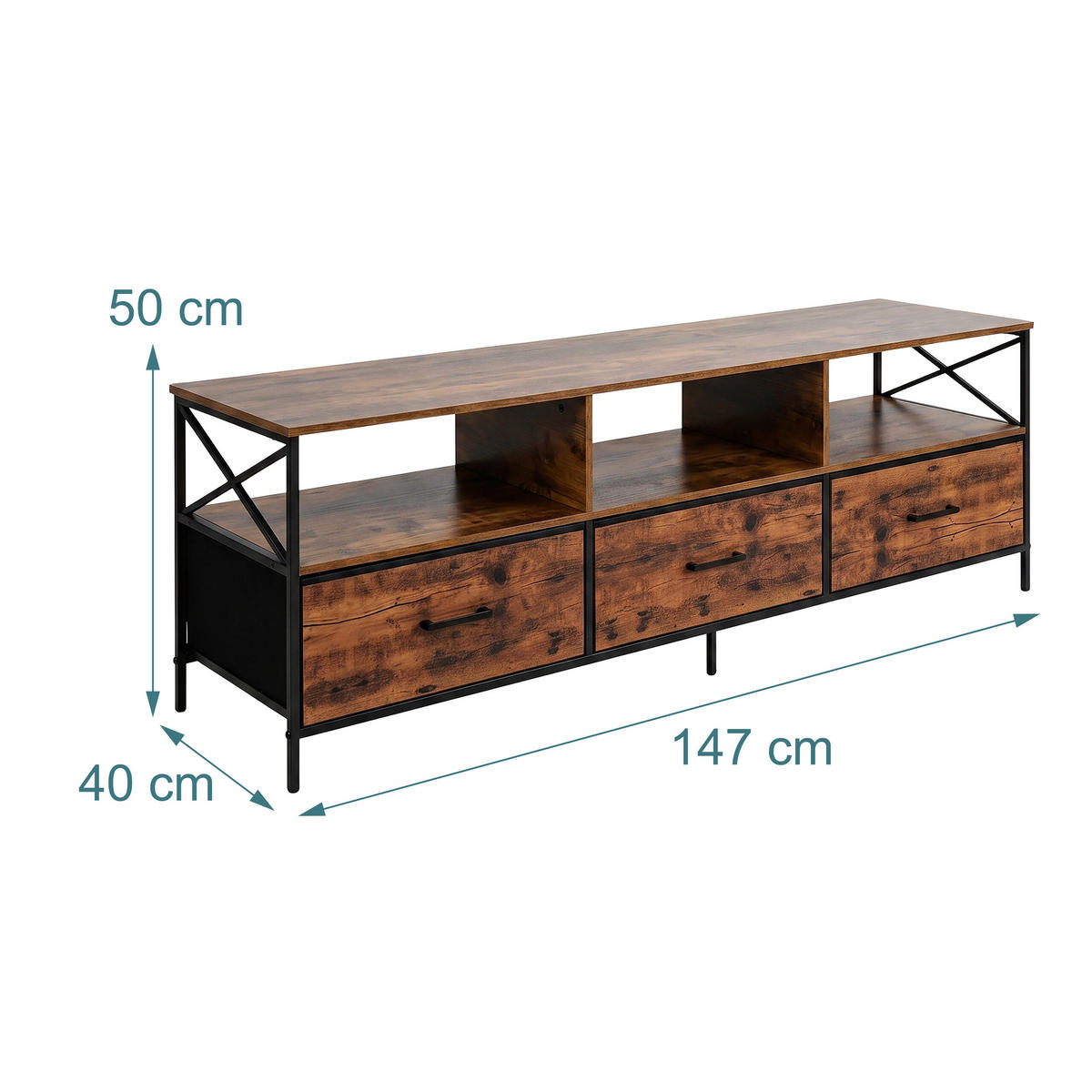 TV-LOWBOARD Industrial-Schwarz Stoffschubladen - Braun, Holzwerkstoff/Textil (147/50/40cm) - Relaxdays