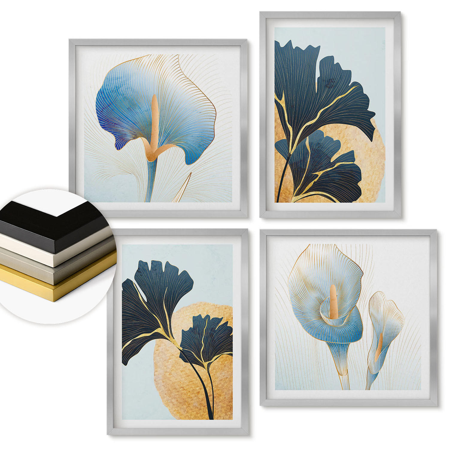 WANDBILDER 4er Set - 50x50 cm & 40x60 cm Silberner Rahmen - Zitronenweinporträt Kahlo - Silberfarben, Kunststoff (50/50cm) - ArtPrintCave