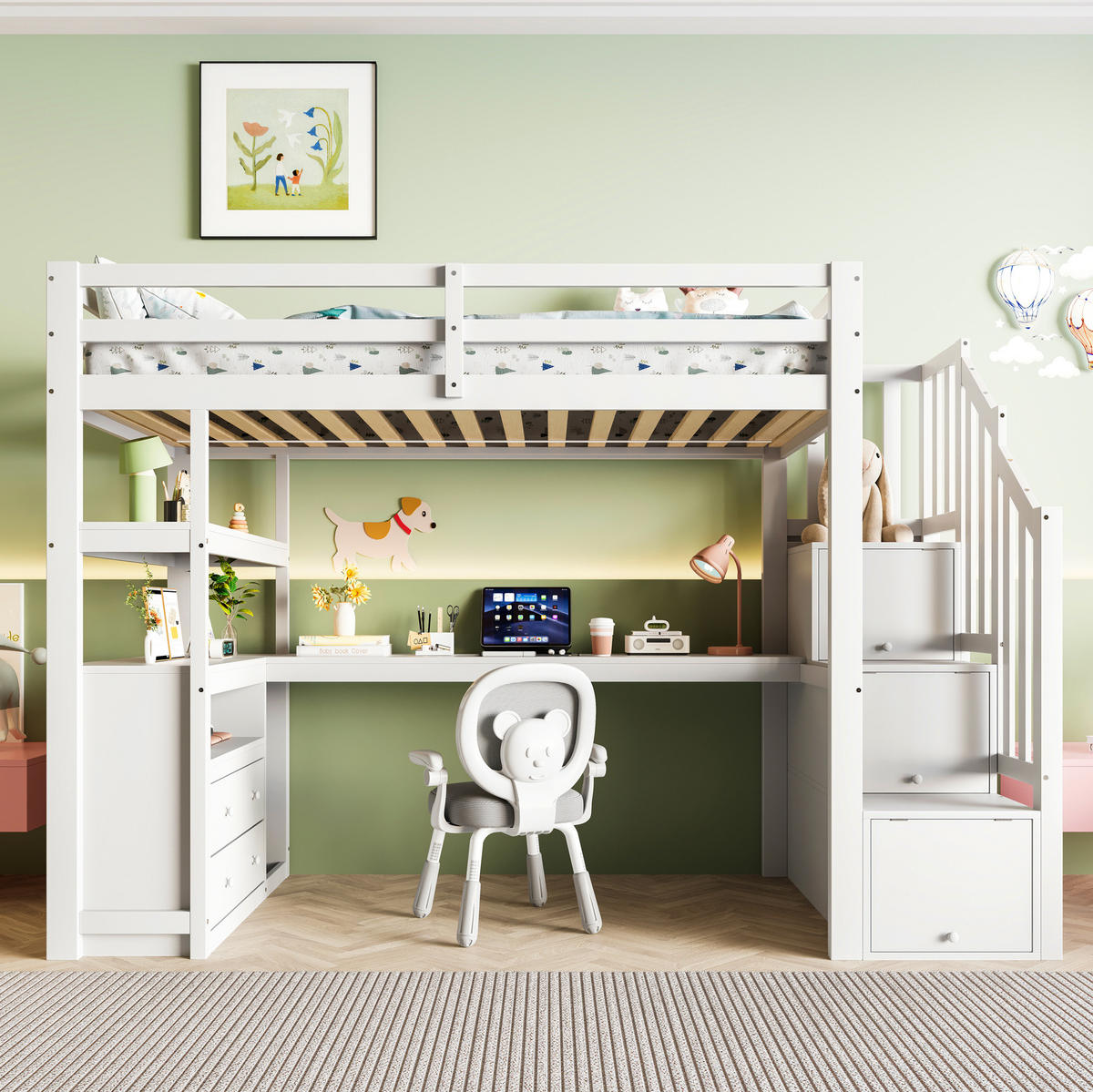 HOCHBETT aus Kiefer und MDF 90x200 cm Weiß mit Schreibtisch, Stauraumleiter, 2 Schubladen und Regalfächern - Weiß, Holzwerkstoff (90/200cm) - Modfu