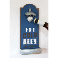 WANDFLASCHENÖFFNER mit Kronkorkenbehälter 32 cm Blau - Blau, Holz (4.5cm)