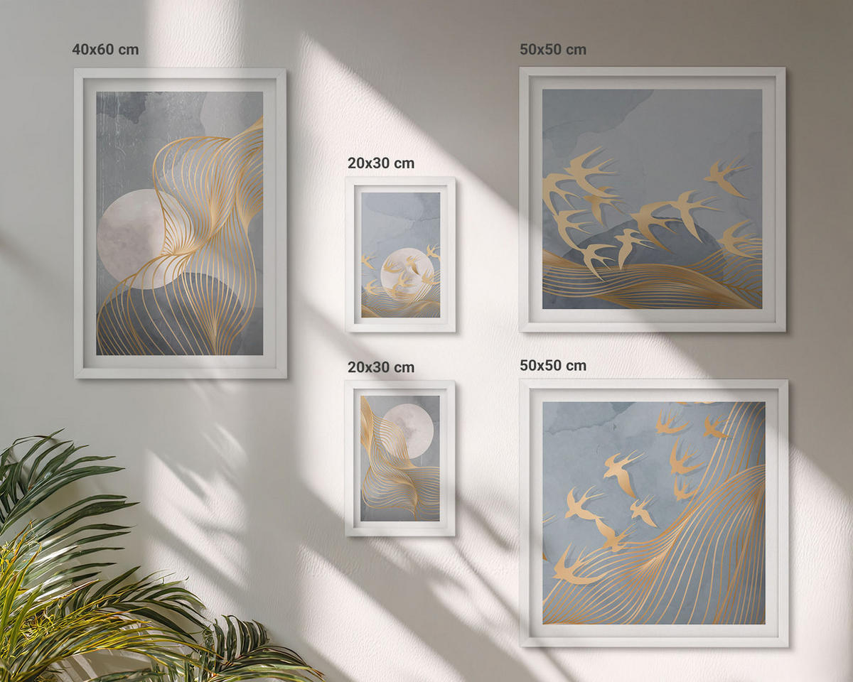 BILDER SET 5er Set - 50x50 cm & 20x30 cm & 40x60 cm Weißer Rahmen - Abstrakte Wellenkreise, grau - Weiß, Kunststoff (40/60cm) - TULUP