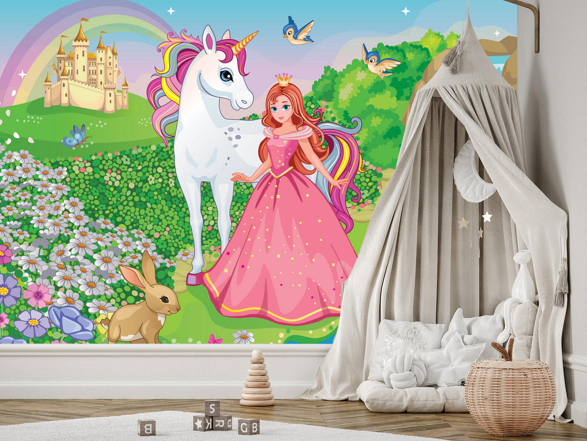 FOTOTAPETE für Kinderzimmer Prinzessin Einhorn Schloss Wasserfall Blumen 350x256 - Blau/Gelb, Papier (350/256cm) - Muralo