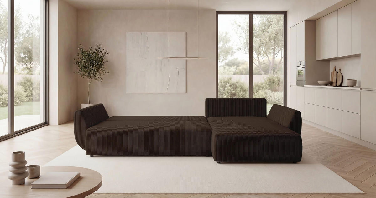 ECKSOFA SYDNEY rechts braun Cord Poso 6 - Schlaffunktion, Bettkasten - Braun, Textil (280/175cm) - Cornero