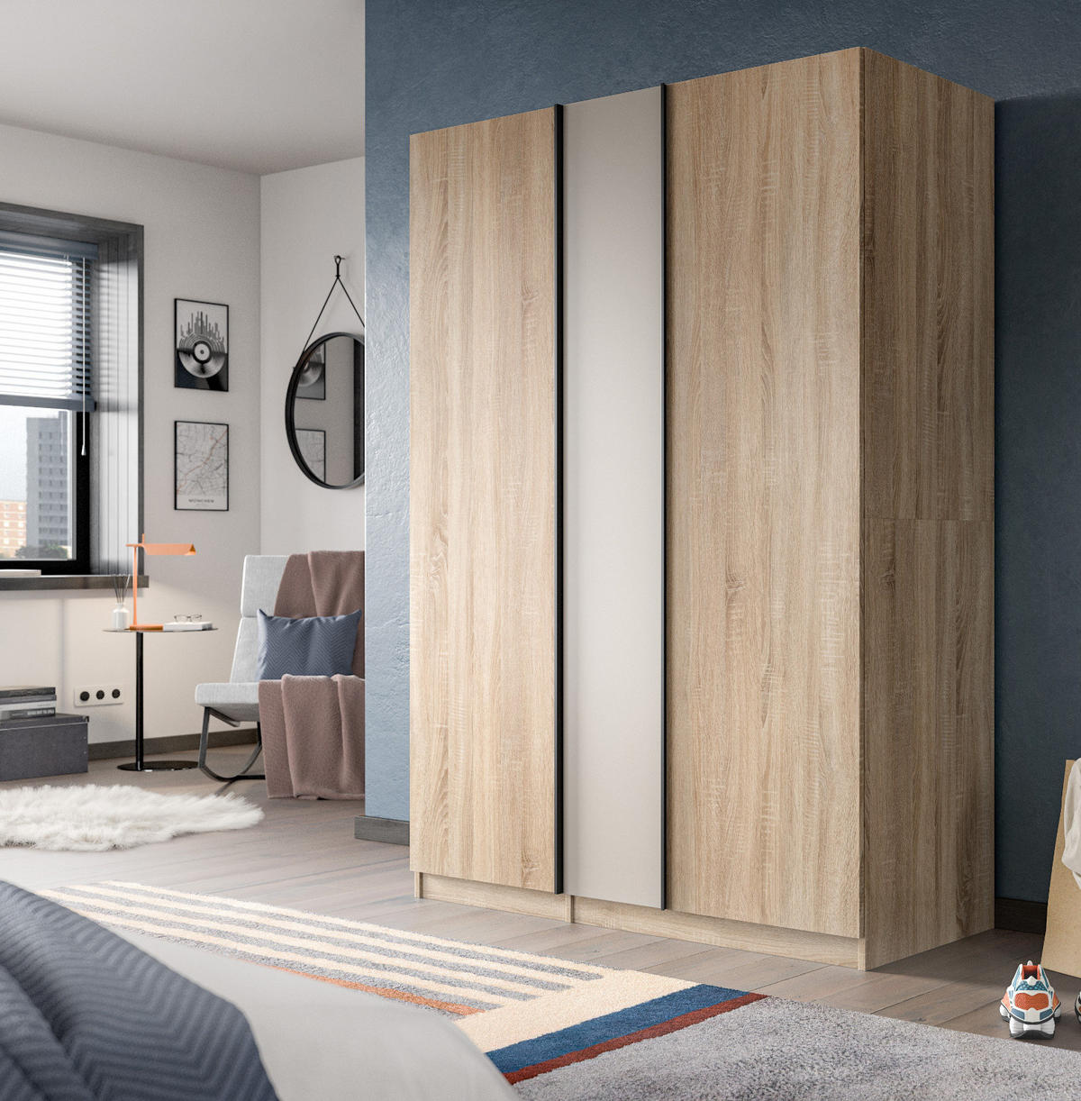 KLEIDERSCHRANK Eiche Sonoma, Kaschmir 3-türig 130 x 183 cm, Drehtürenschrank inklusive Kleiderstangen - Kaschmir/Eichefarben, Holzwerkstoff/Kunststoff (130/183/53cm) - Inn.Furn