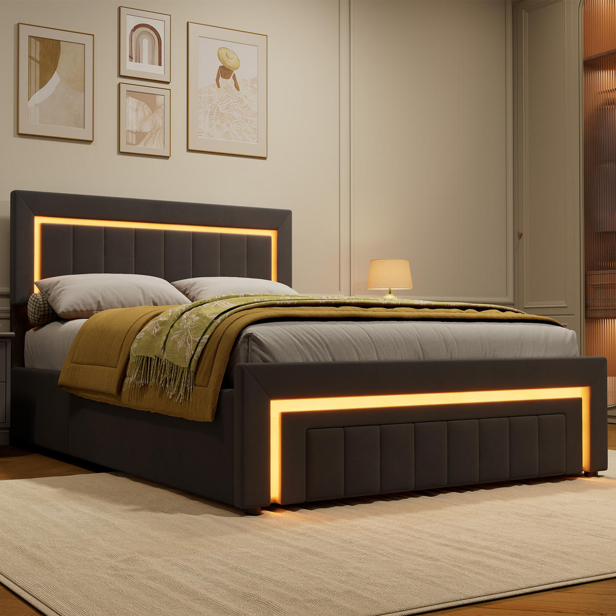 POLSTERBETT 140/190 cm mit hydraulischem Bettkasten, Schublade mit Rollen, LED-Beleuchtung, Grau - Grau, Textil (140/190cm) - Redom