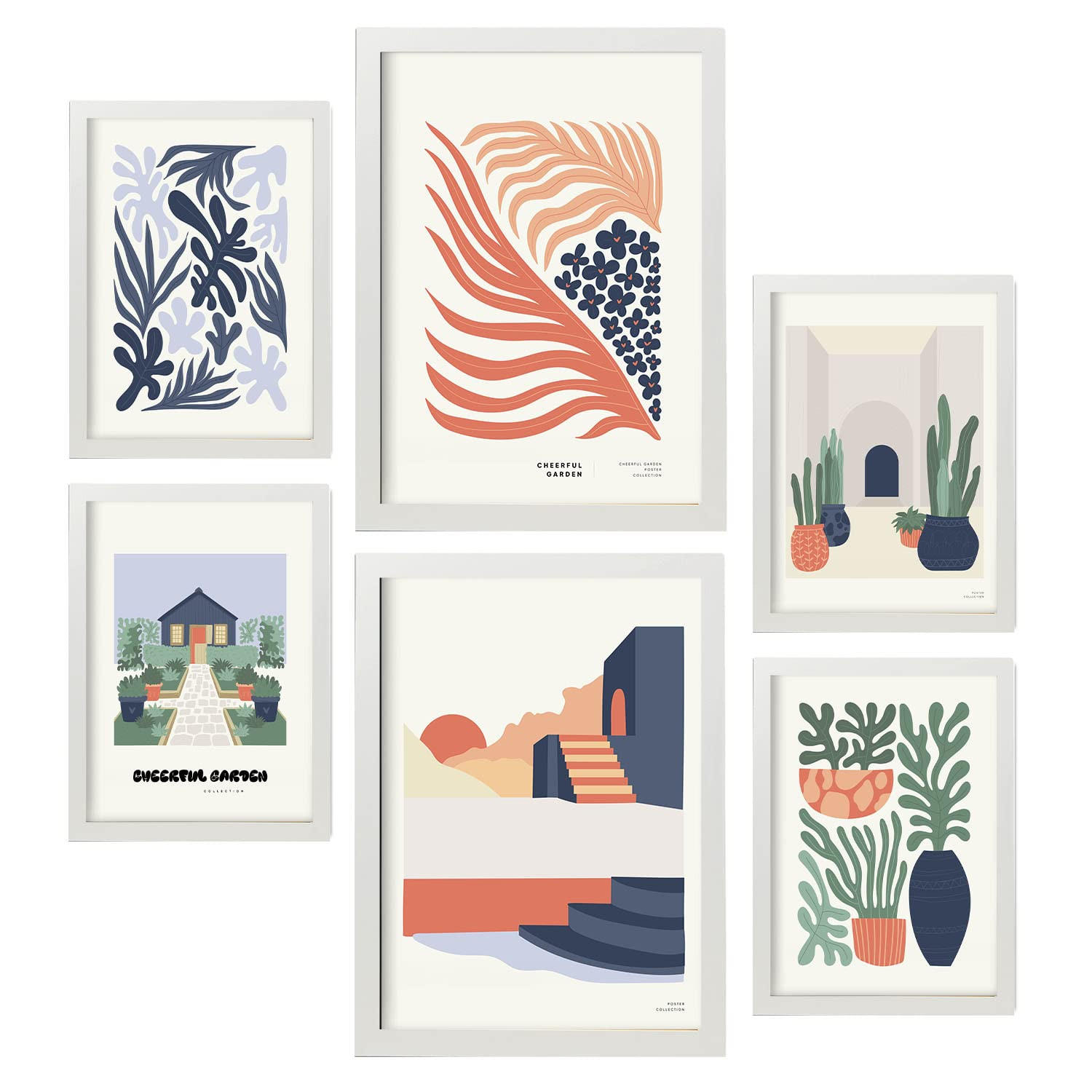 POSTER Set Mit 6 Minimalistischen In Pastellfarben Fröhlicher Garten Drucke Von Landschaften Und Natur Für Innenarchitektur A3 & A4 Weißer Rahmen - Weiß, Papier (29/3cm) - Nacnic