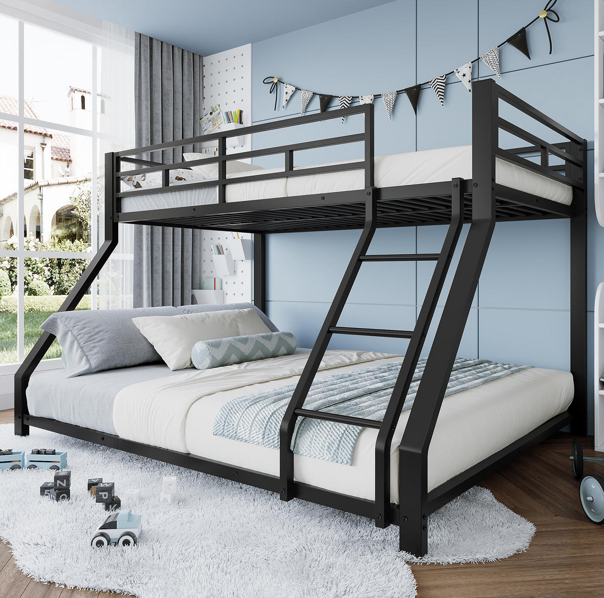 ETAGENBETT aus Metall 90x200 cm und 140x200 cm Schwarz mit Treppe, Geländer und EN747-Zertifizierung - Schwarz, Metall (90/200cm) - Modfu