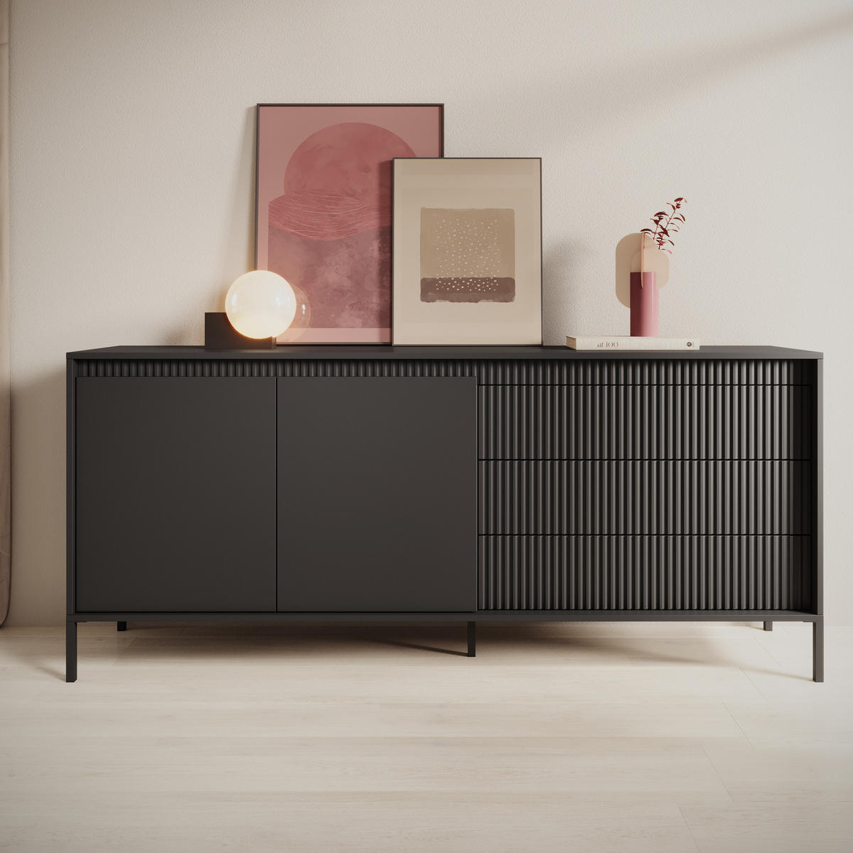 SIDEBOARD Ferrato C 187 cm Schwarz - mit 2 Türen und 3 geriffelten Schubladen rechts - Schwarz, Holz/Holzwerkstoff (187/81/39cm) - Ravio