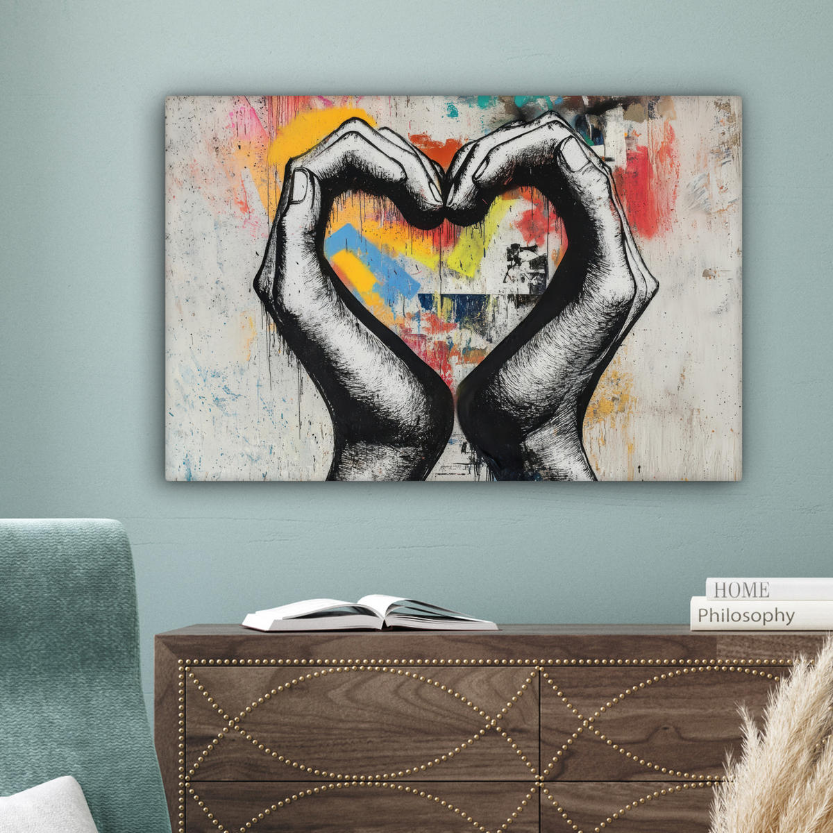 OBRAZ NA PLÁTNE Ruky - Srdce - Street art - Graffiti 90x60 cm - viacfarebná, textil (90/60cm) - MuchoWow