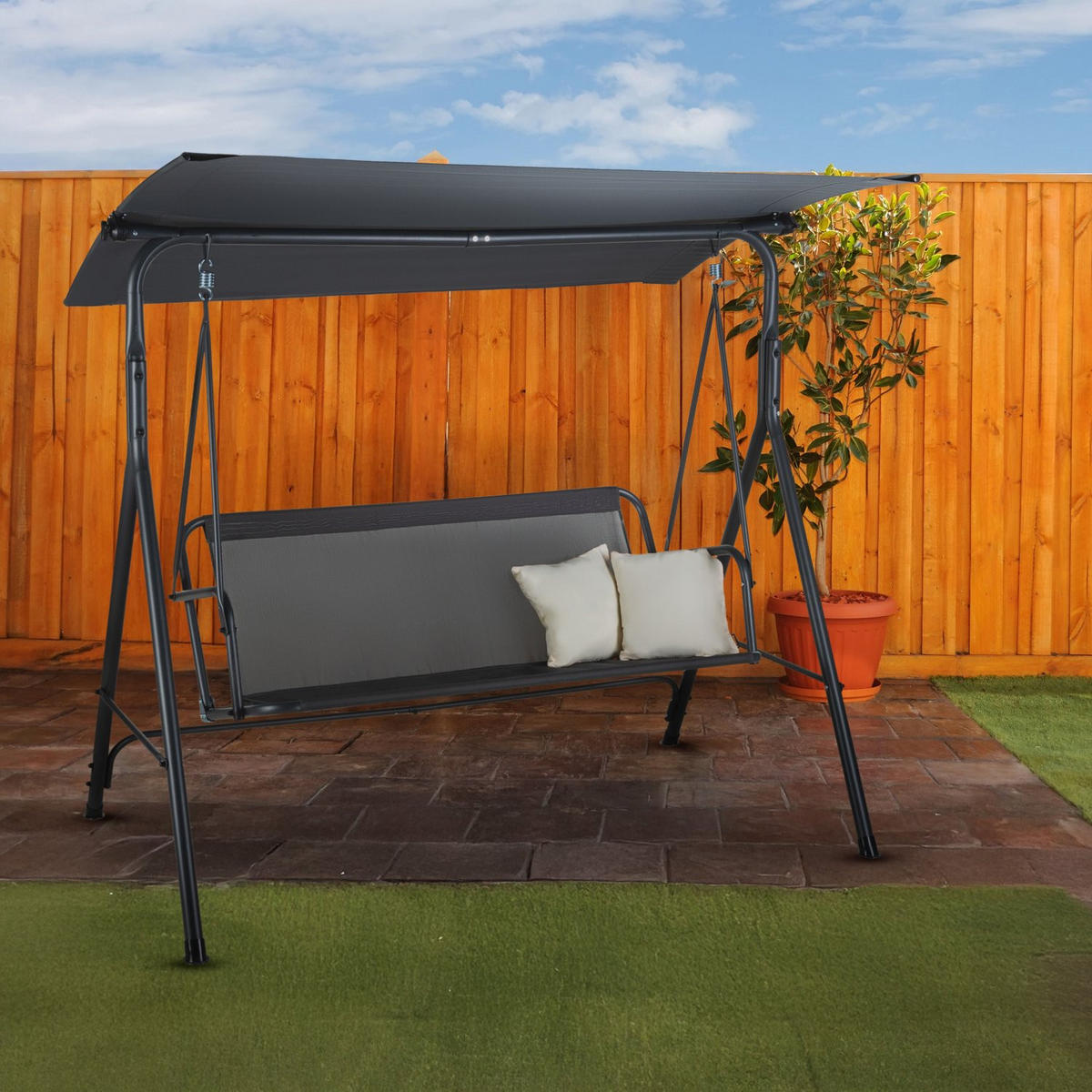 HOLLYWOODSCHAUKEL mit Sonnendach und 2 Kissen, 149/113/173 cm, 3 Personen - Hellgrau/Grau, Textil/Metall (149/173/113cm) - Luverno
