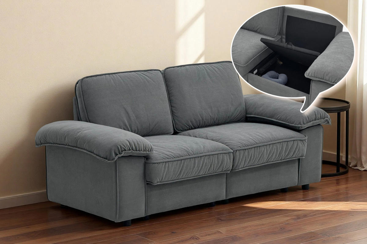SOFA mit Stauraum und Taschenfederkern 61 cm Sitztiefe 201/91/89 cm Grau - Grau, Textil (91/89/201cm) - Redom